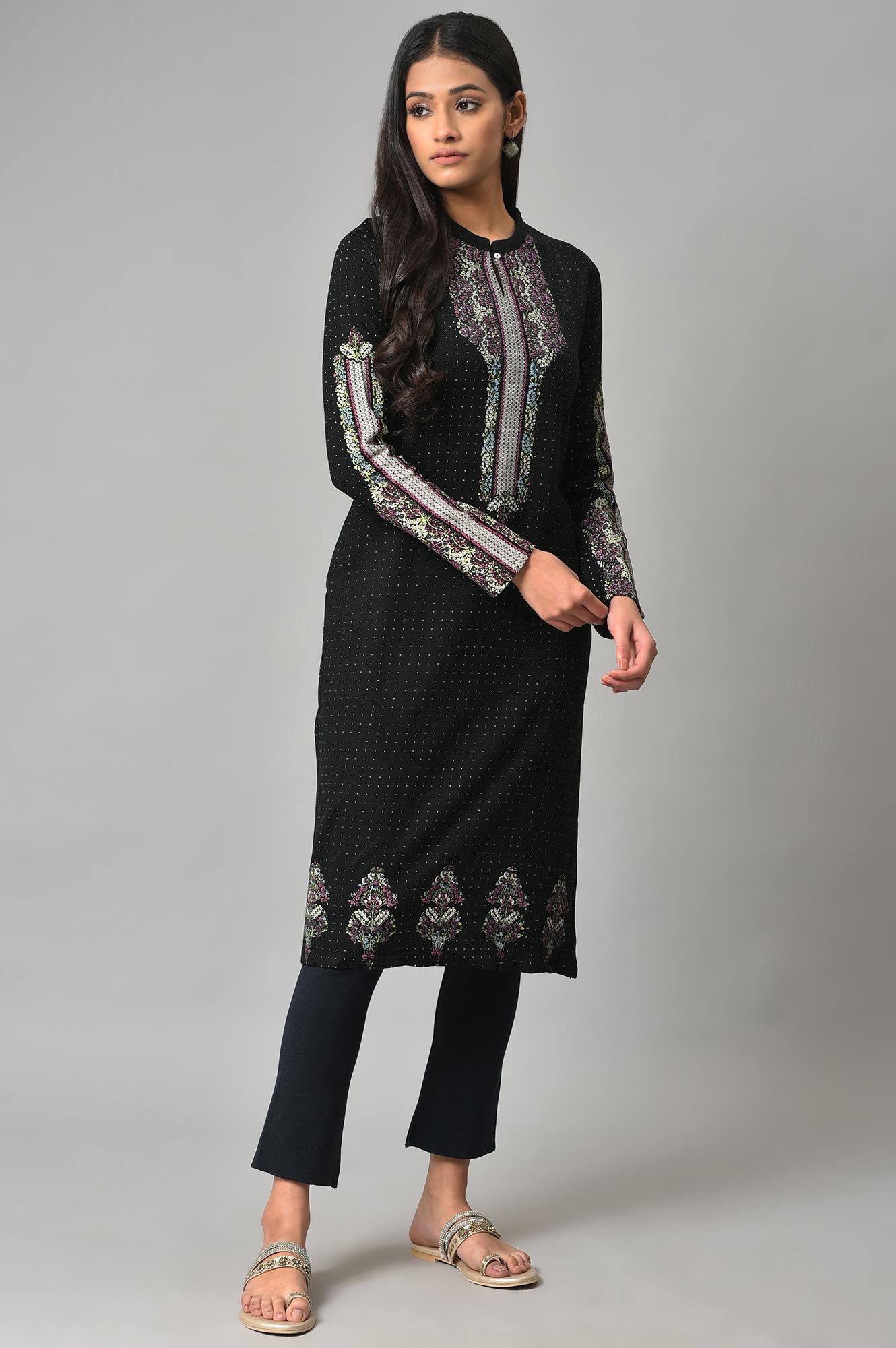 Black Floral Printed Straight Winter kurta