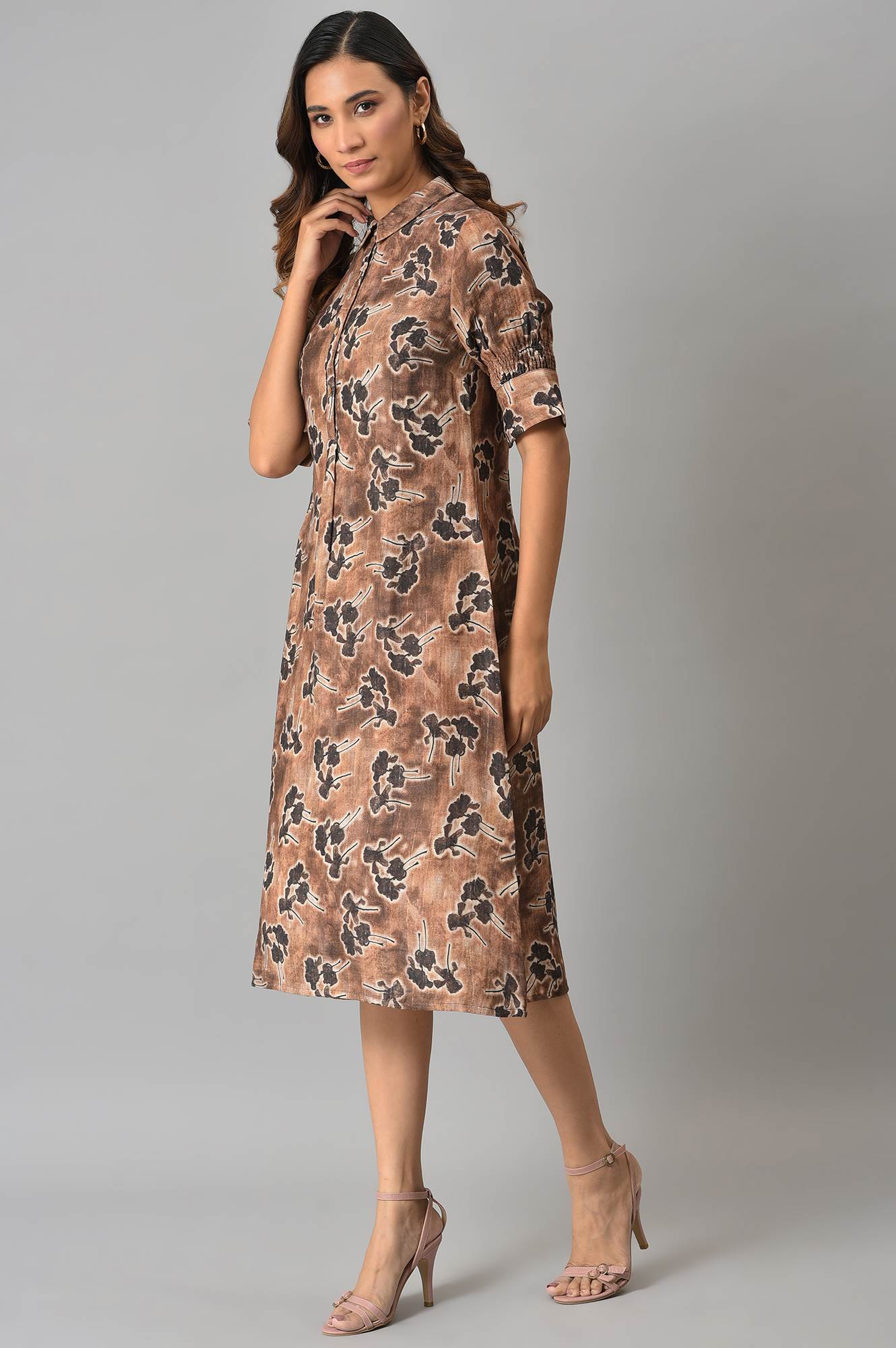 Brown Floral Printed Vaccy Dress