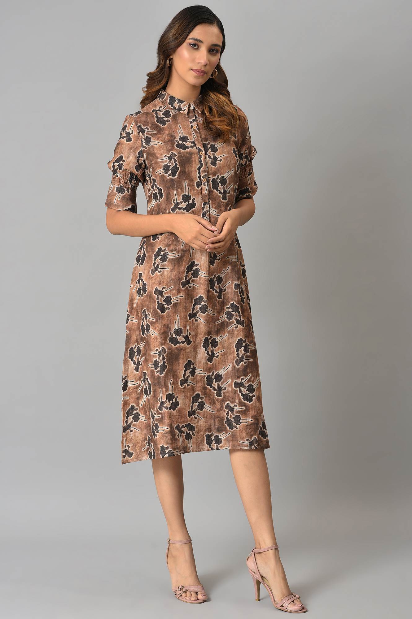 Brown Floral Printed Vaccy Dress