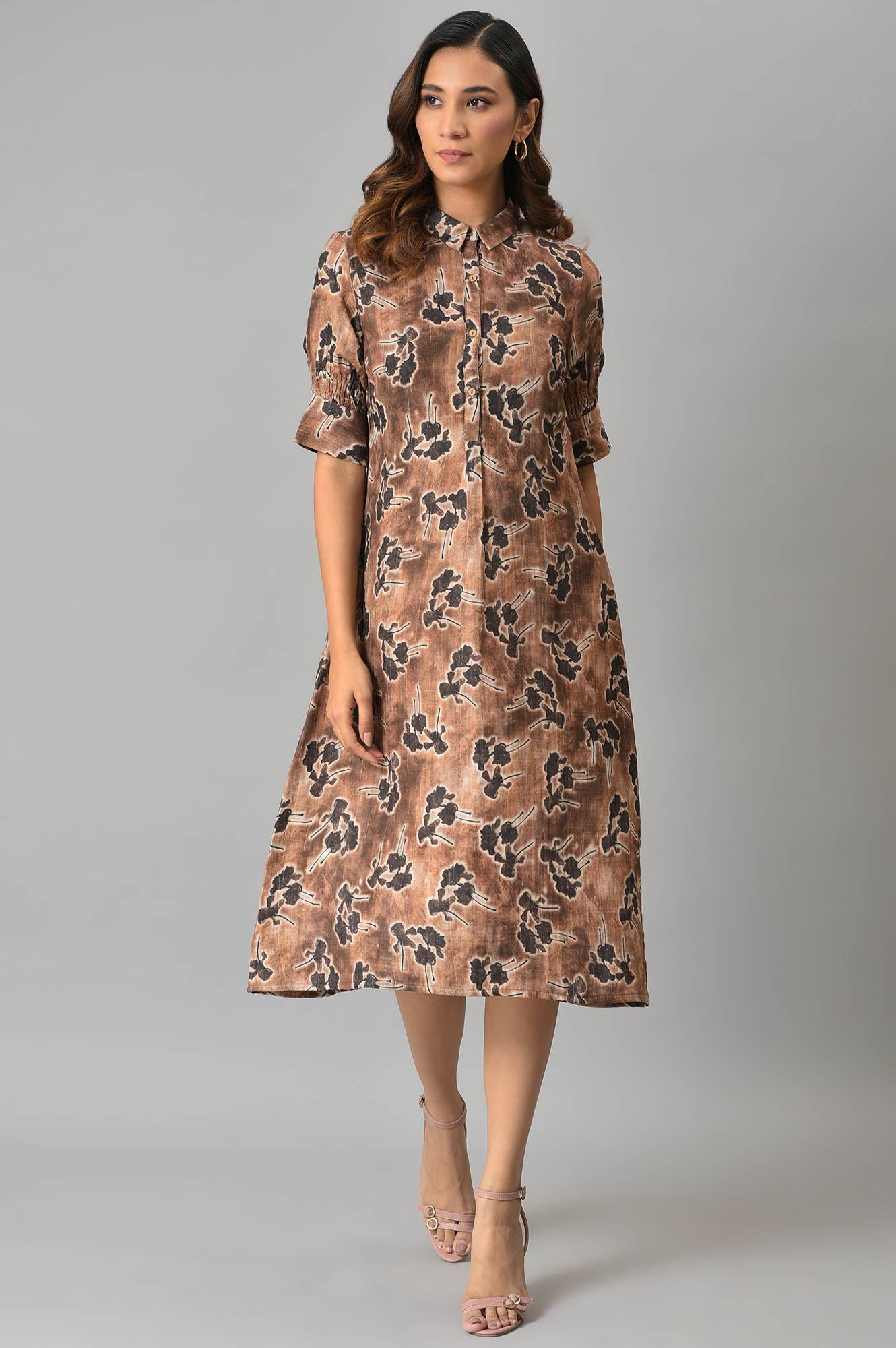 Brown Floral Printed Vaccy Dress