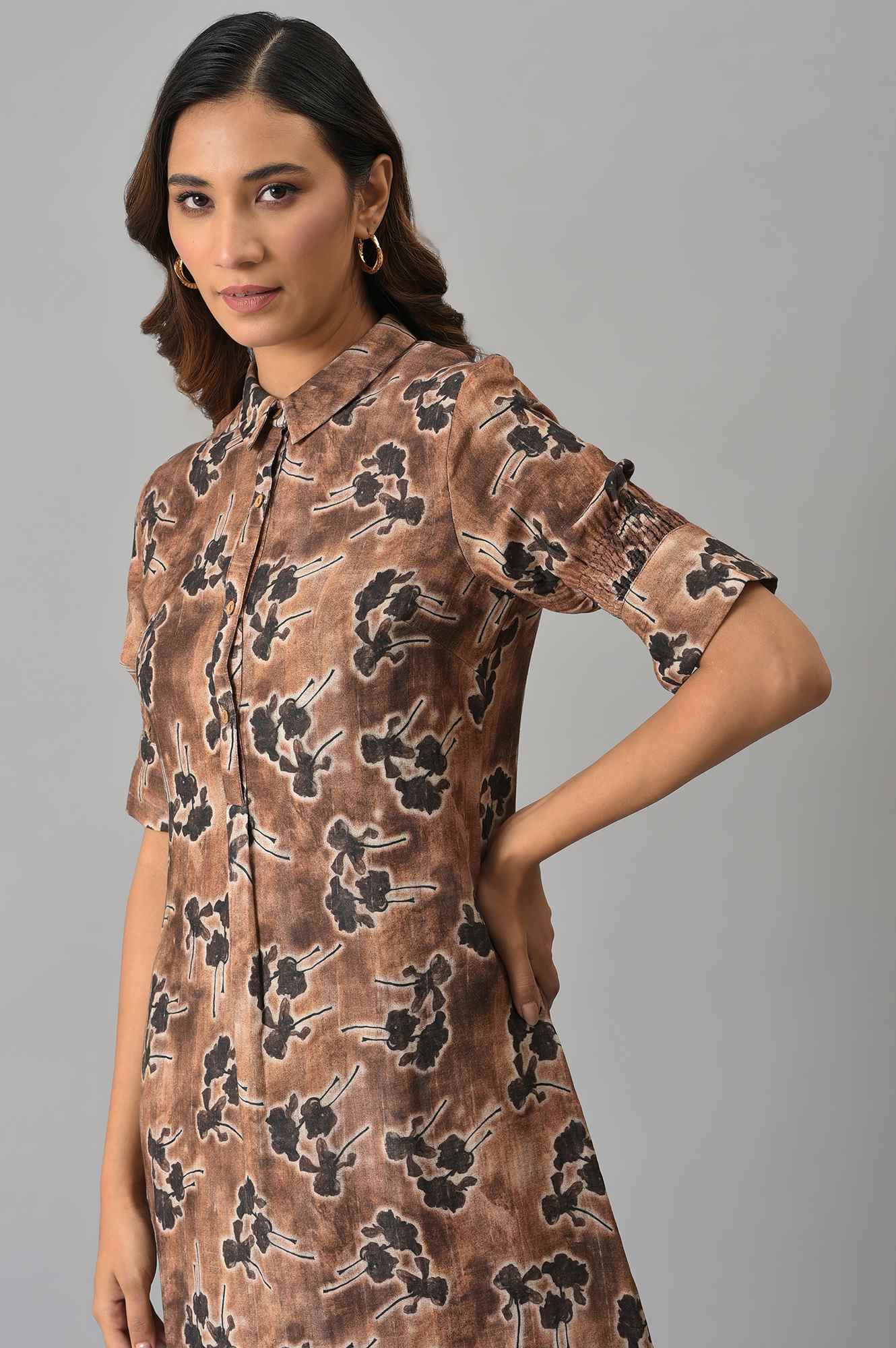 Brown Floral Printed Vaccy Dress