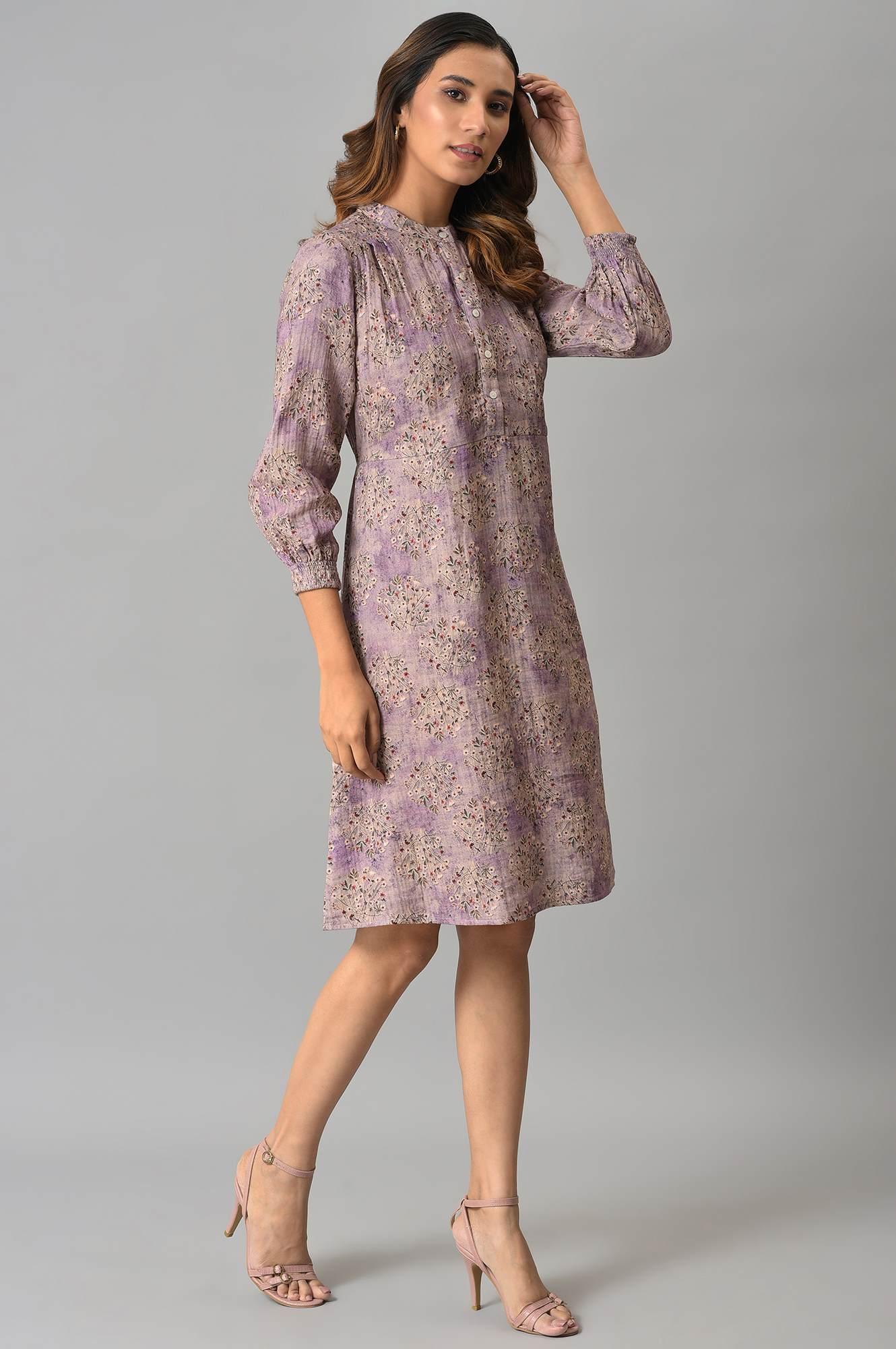 Lilac Floral Printed Western Dress - wforwoman