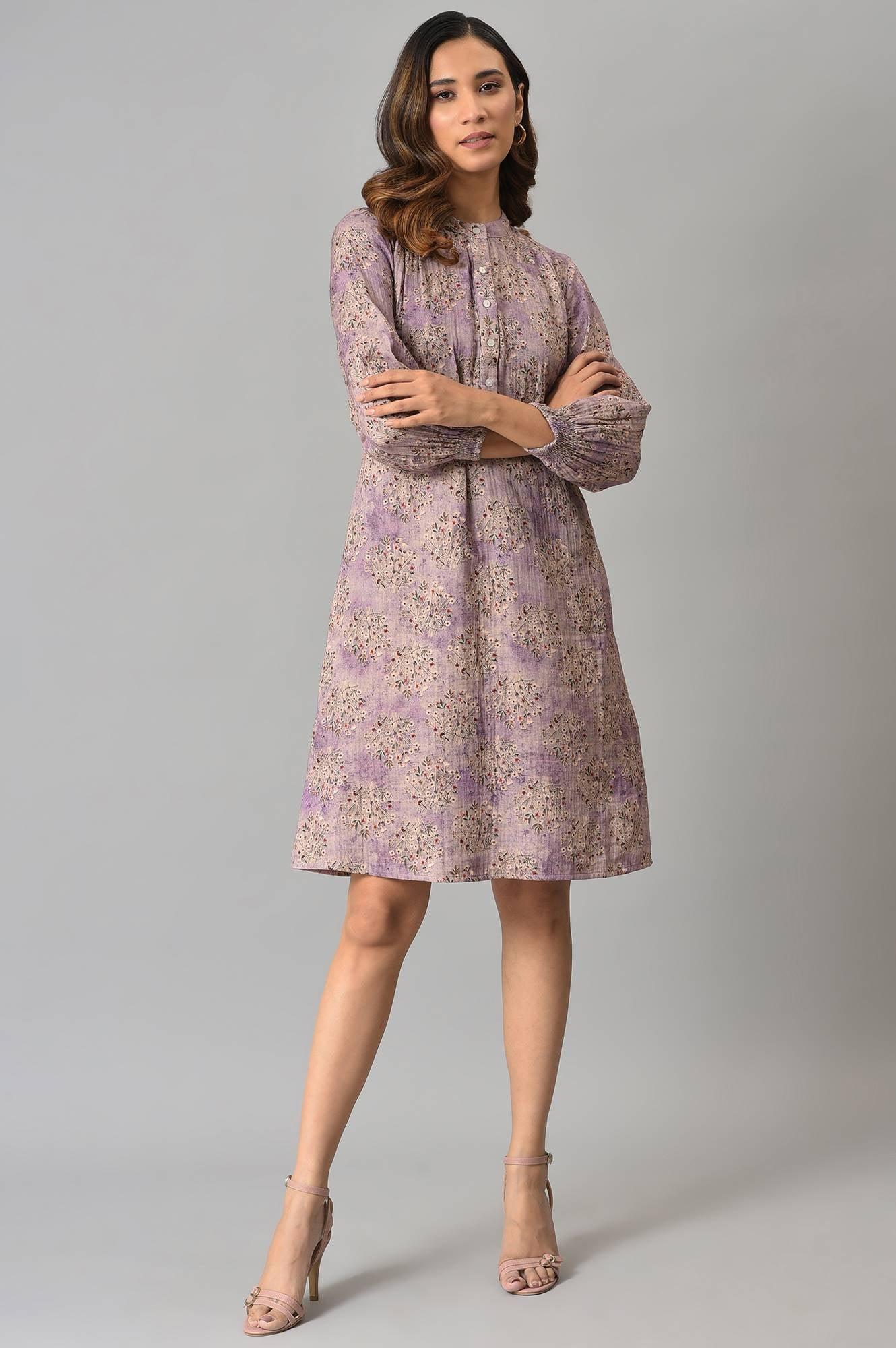 Lilac Floral Printed Western Dress - wforwoman