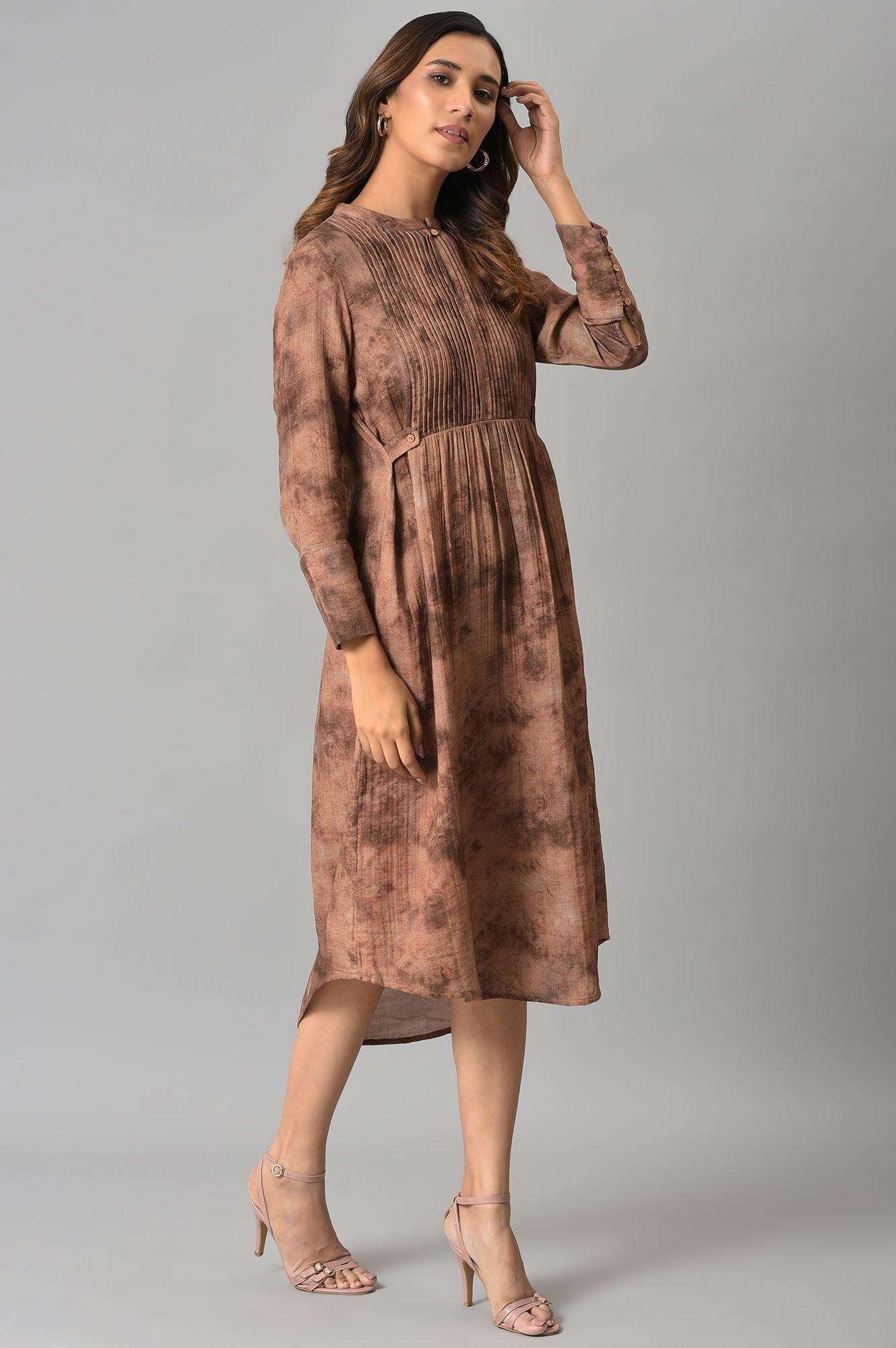 Dark Brown Abstract Printed Western Dress - wforwoman