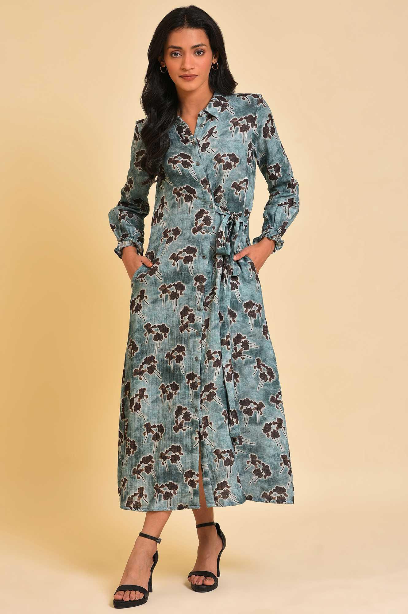 Blue Floral Printed Western Full Length Dress - wforwoman