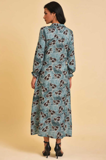 Blue Floral Printed Western Full Length Dress - wforwoman