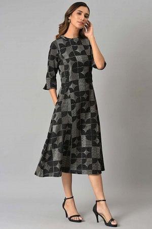 Black Geometric Print Cross Hatch Belt Dress - wforwoman