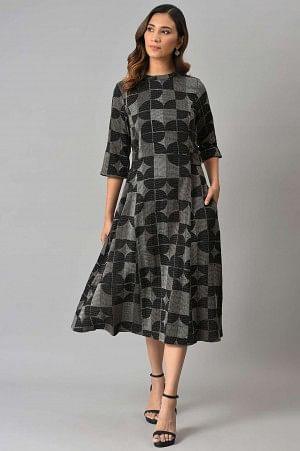 Black Geometric Print Cross Hatch Belt Dress - wforwoman