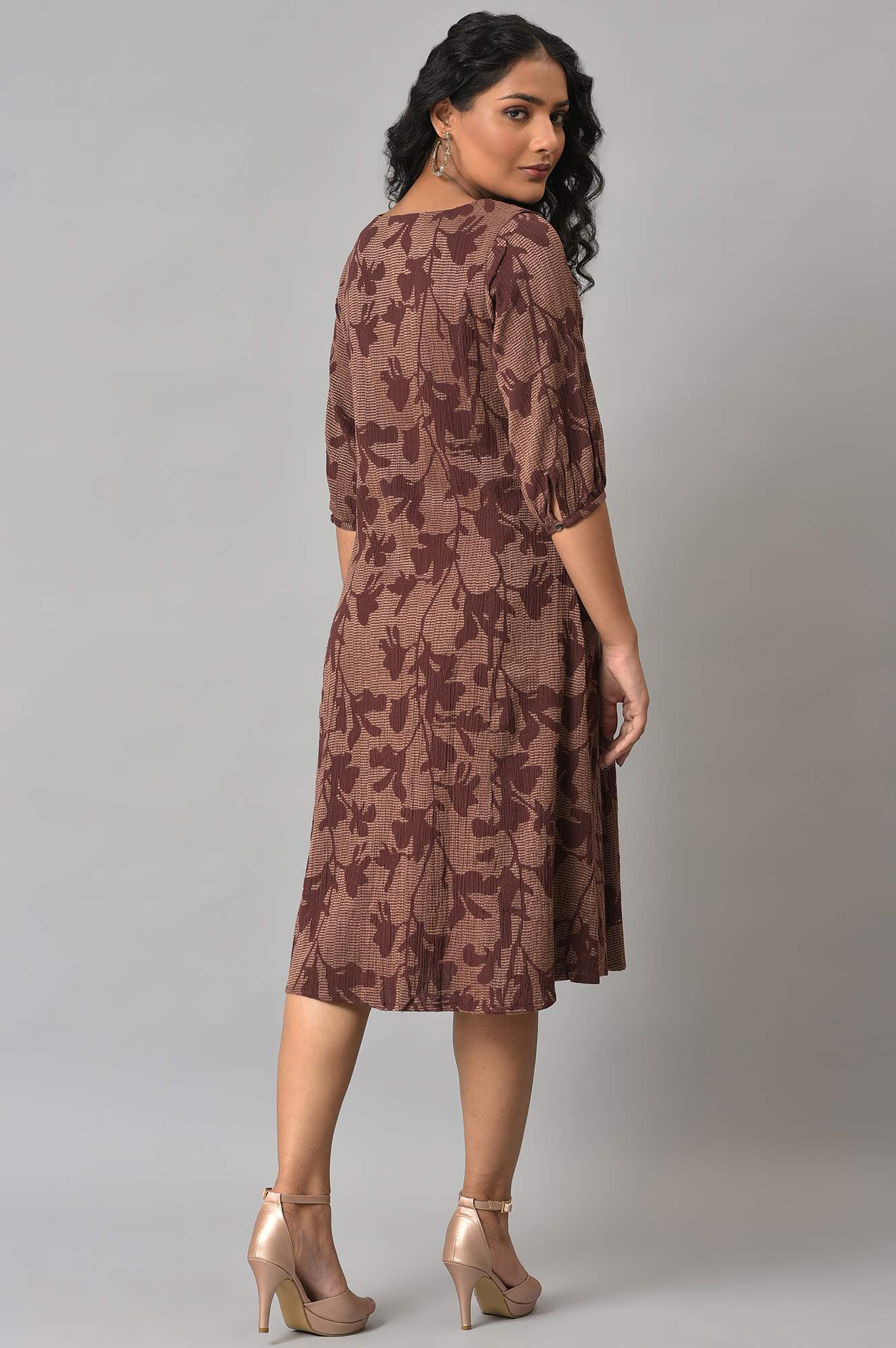 Brown Yarn-Dyed Floral Printed Western Dress