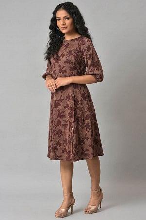 Brown Yarn-Dyed Floral Printed Western Dress - wforwoman