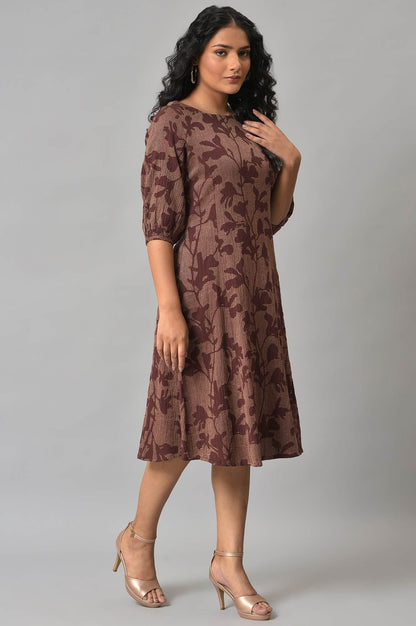 Brown Yarn-Dyed Floral Printed Western Dress - wforwoman
