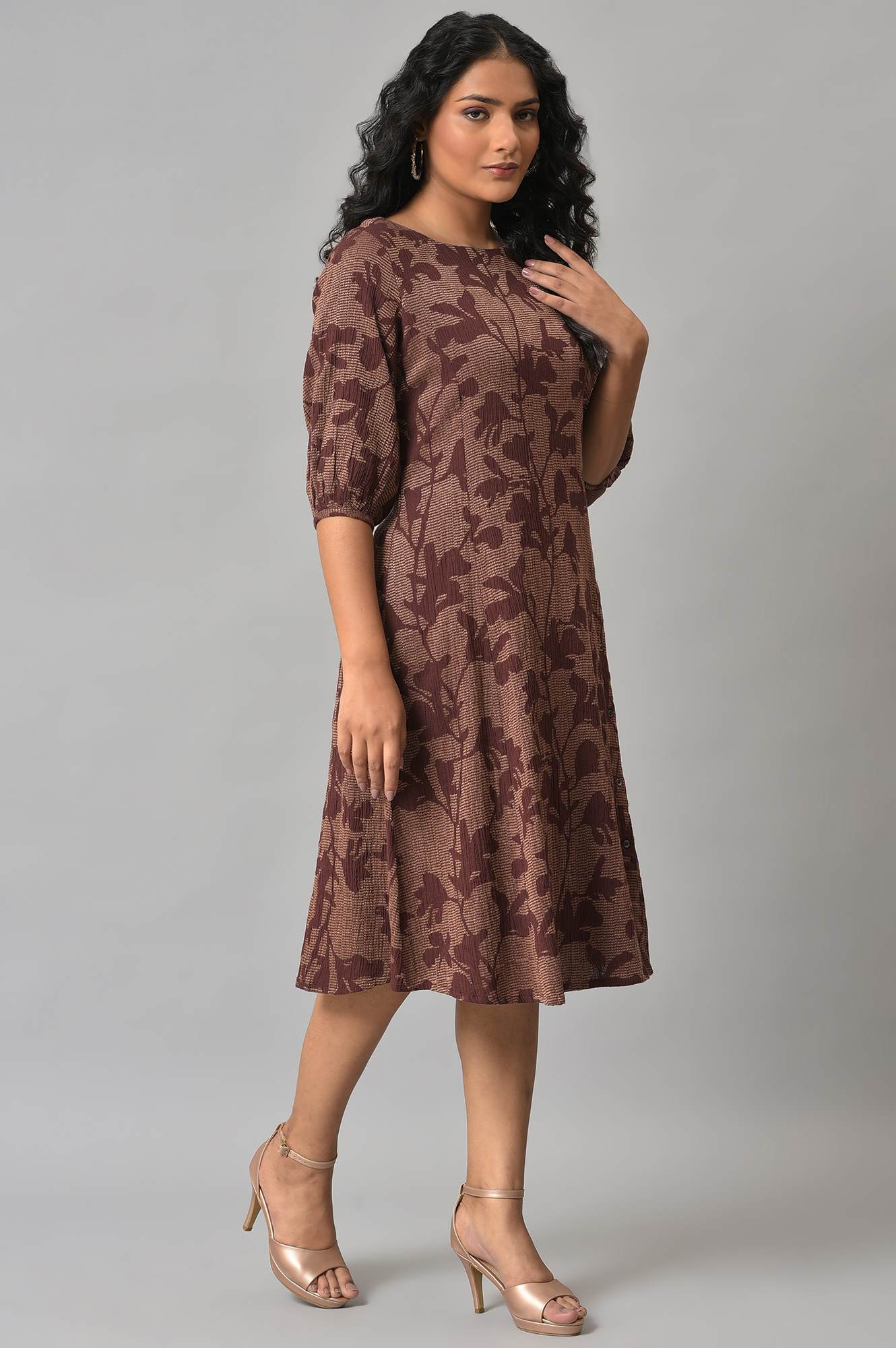 Brown Yarn-Dyed Floral Printed Western Dress