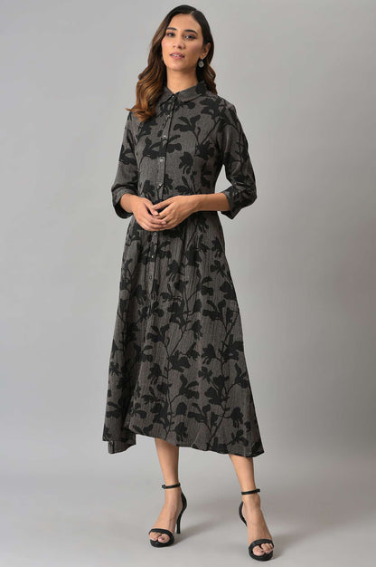 Black Pleated Floral Print Dress