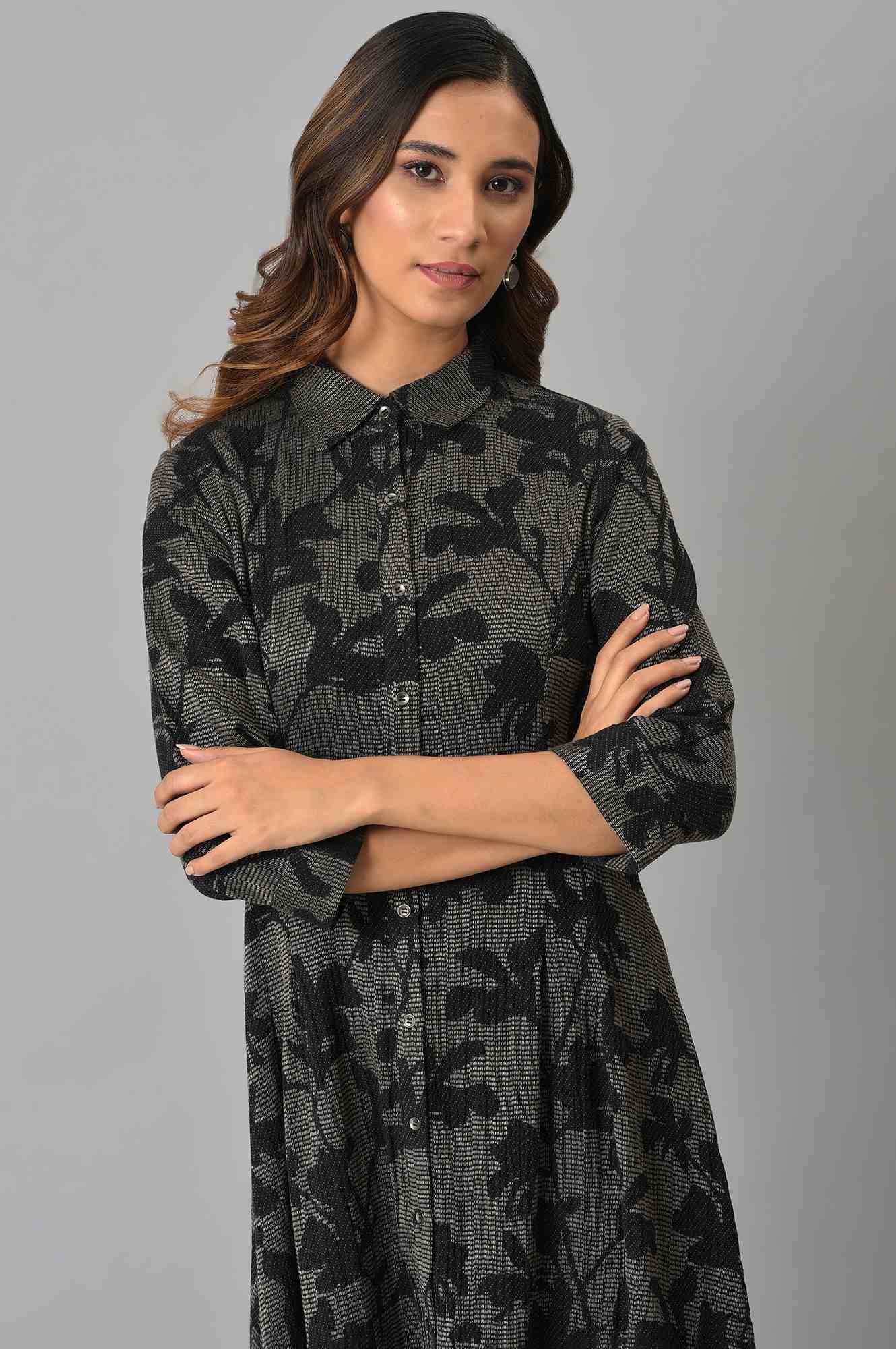 Black Pleated Floral Print Dress