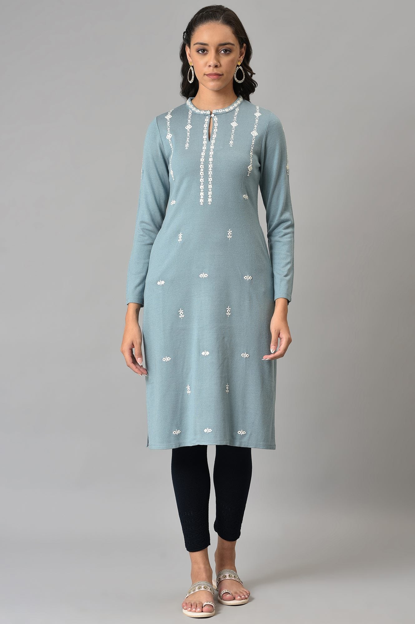 Blue Red Floral Printed Embroidered kurta