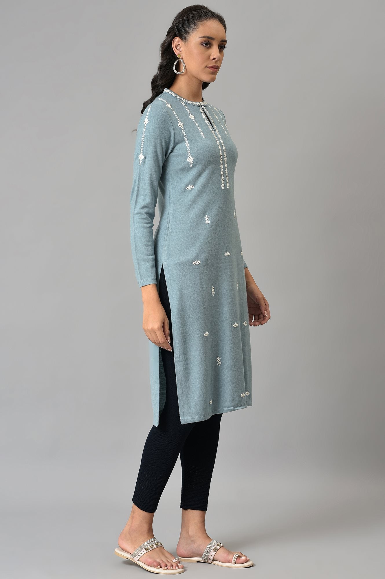 Blue Red Floral Printed Embroidered kurta