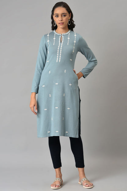 Blue Red Floral Printed Embroidered kurta