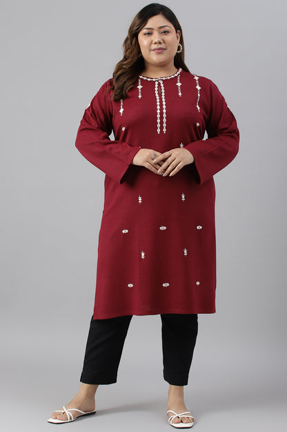 Dark Red Embroidered Plus Size Winter kurta