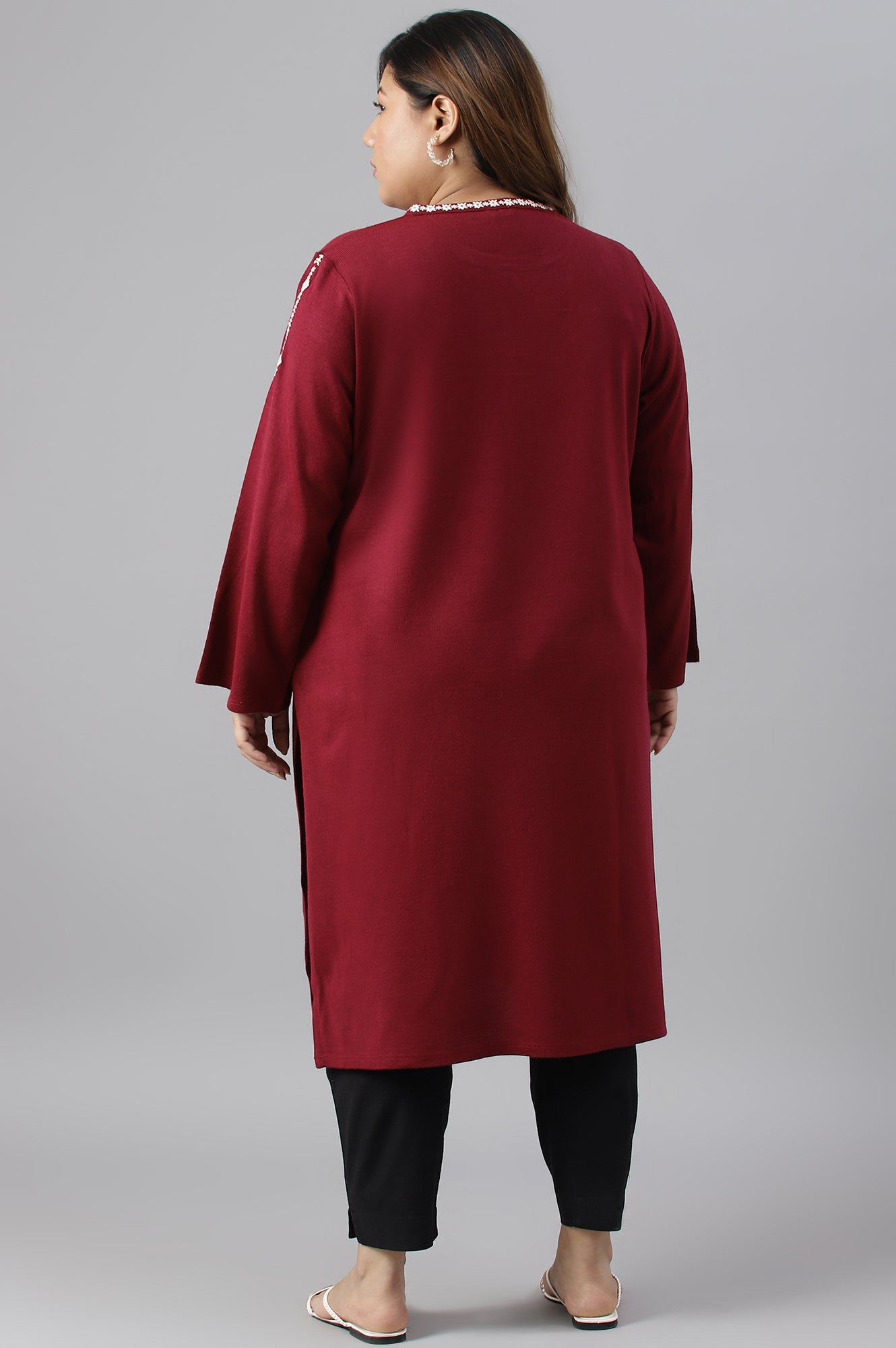 Dark Red Embroidered Plus Size Winter kurta