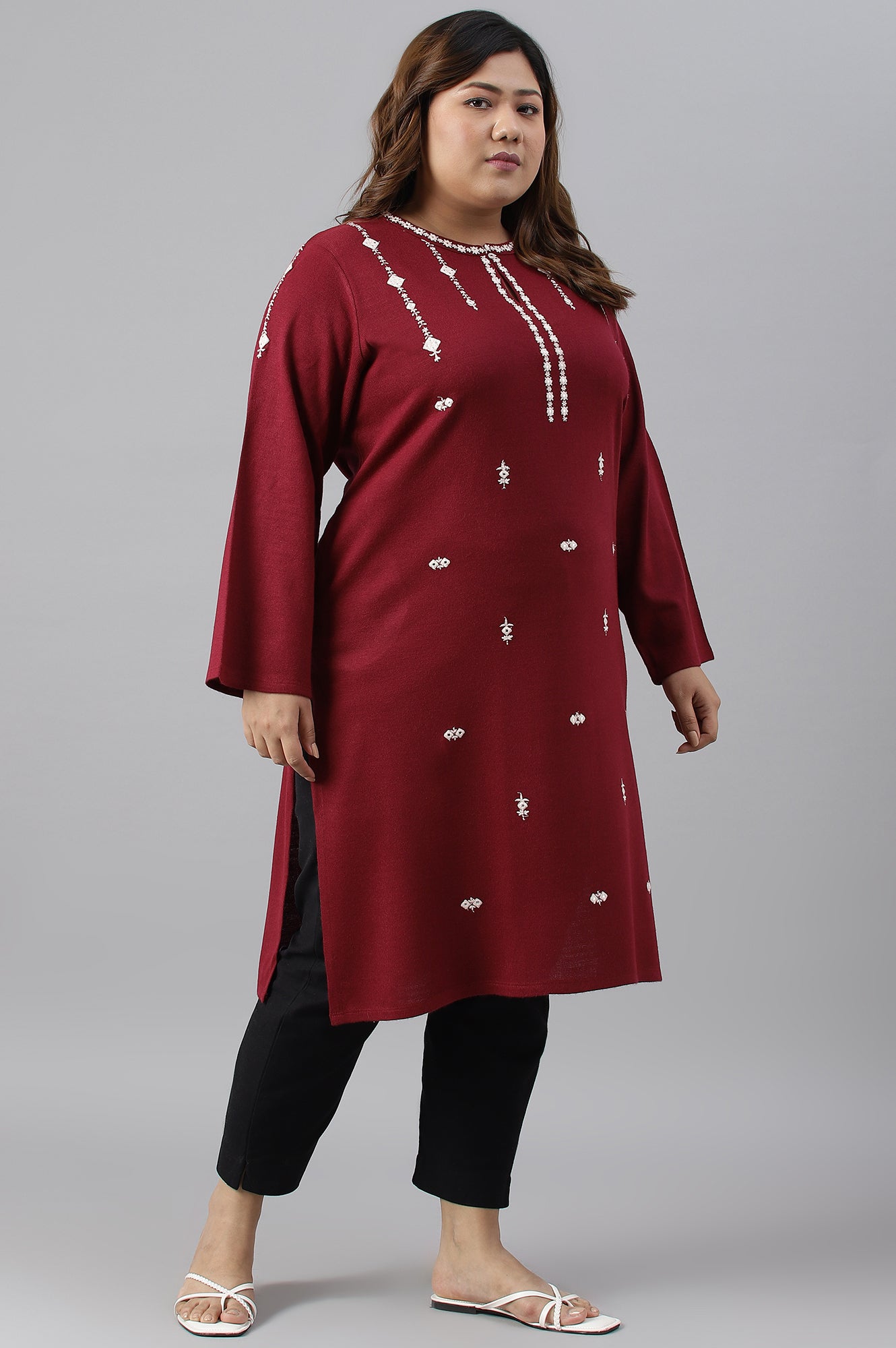 Dark Red Embroidered Plus Size Winter kurta