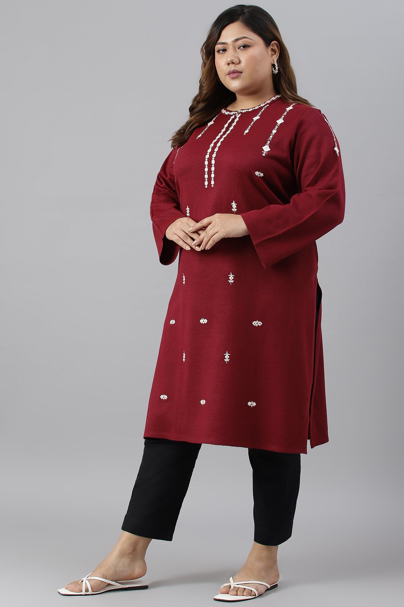 Dark Red Embroidered Plus Size Winter kurta