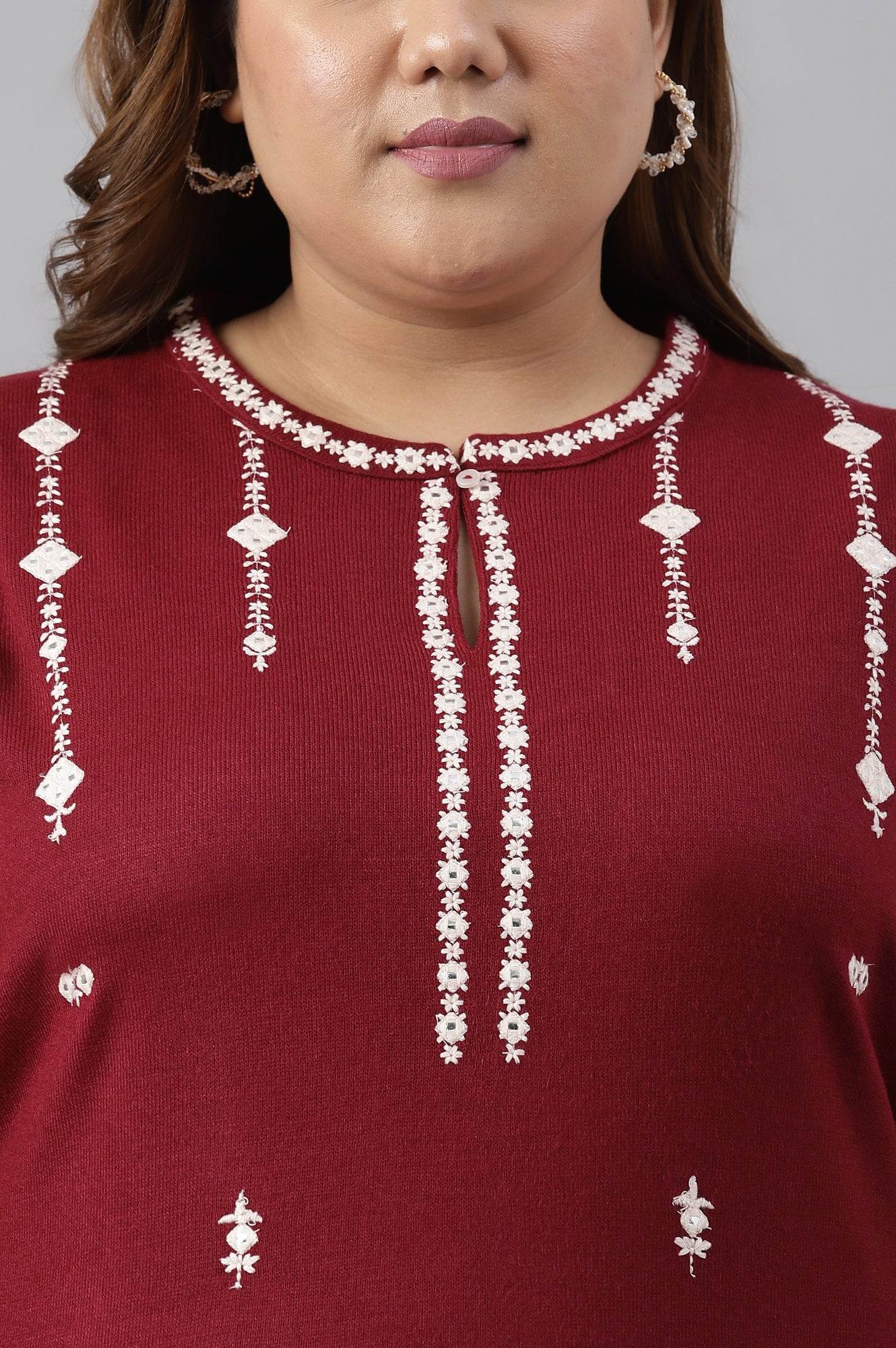 Dark Red Embroidered Plus Size Winter kurta