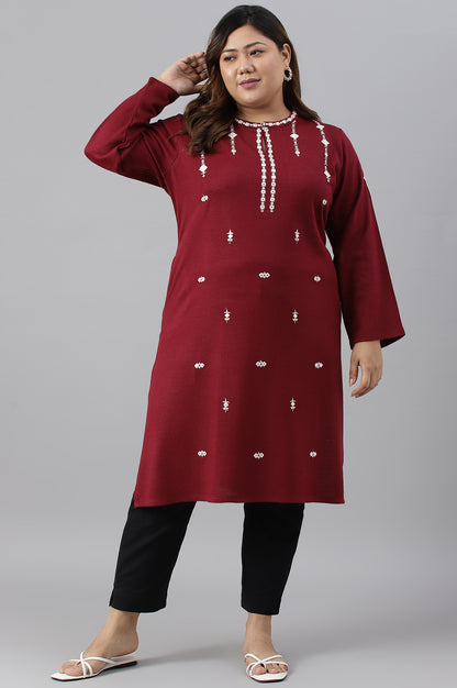 Dark Red Embroidered Plus Size Winter kurta