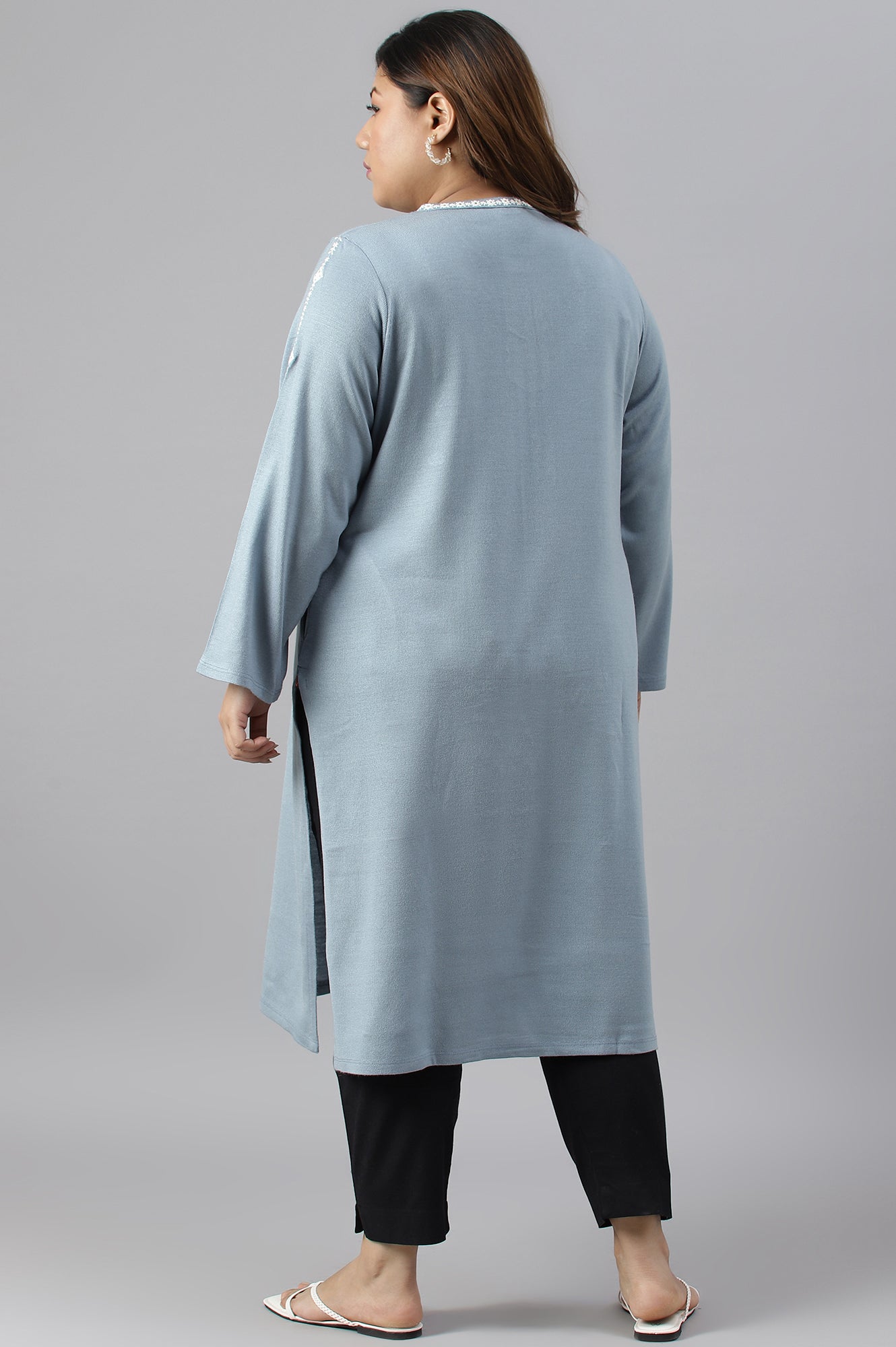 Blue Embroidered Plus Size Winter kurta