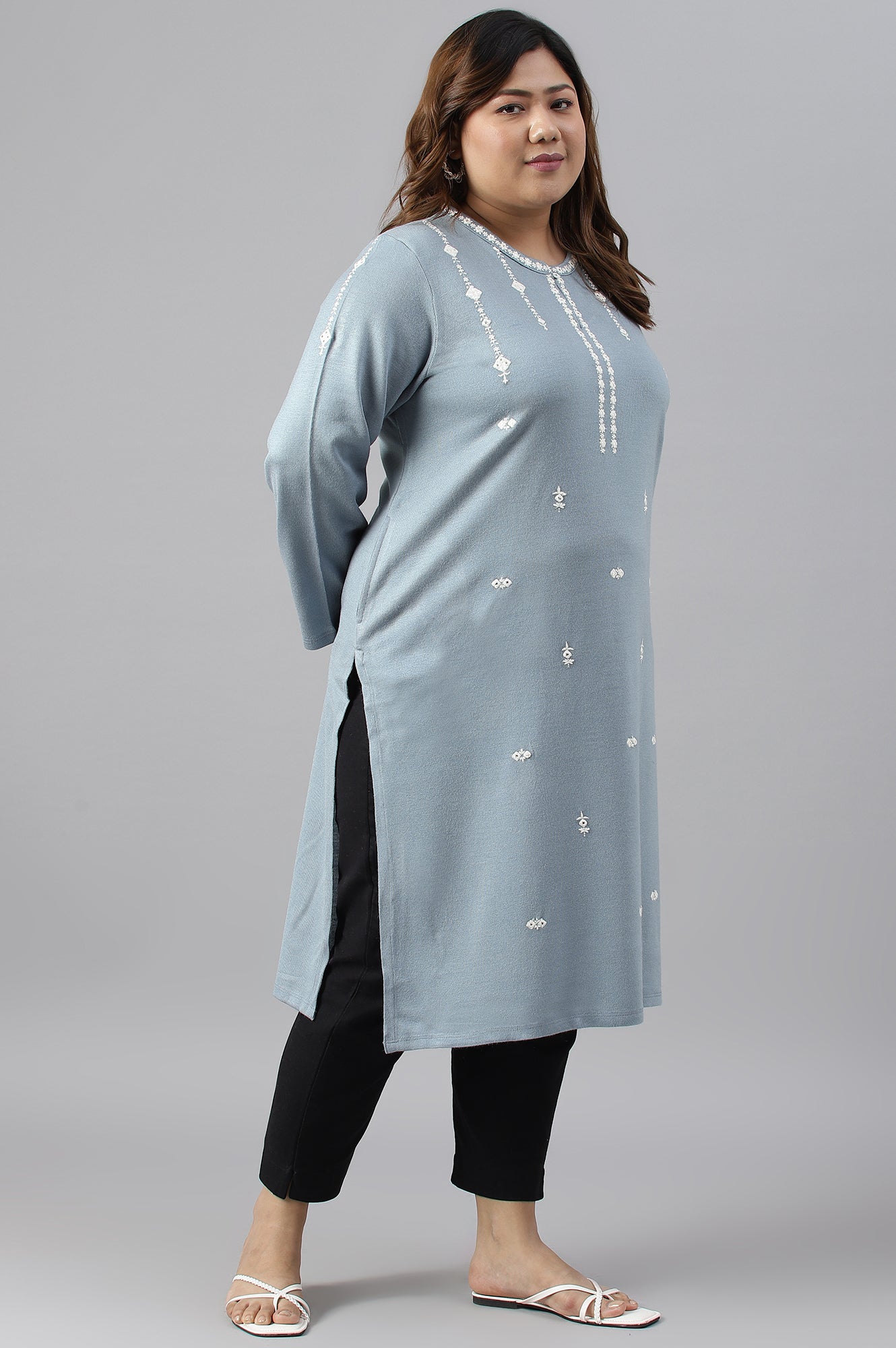 Blue Embroidered Plus Size Winter kurta