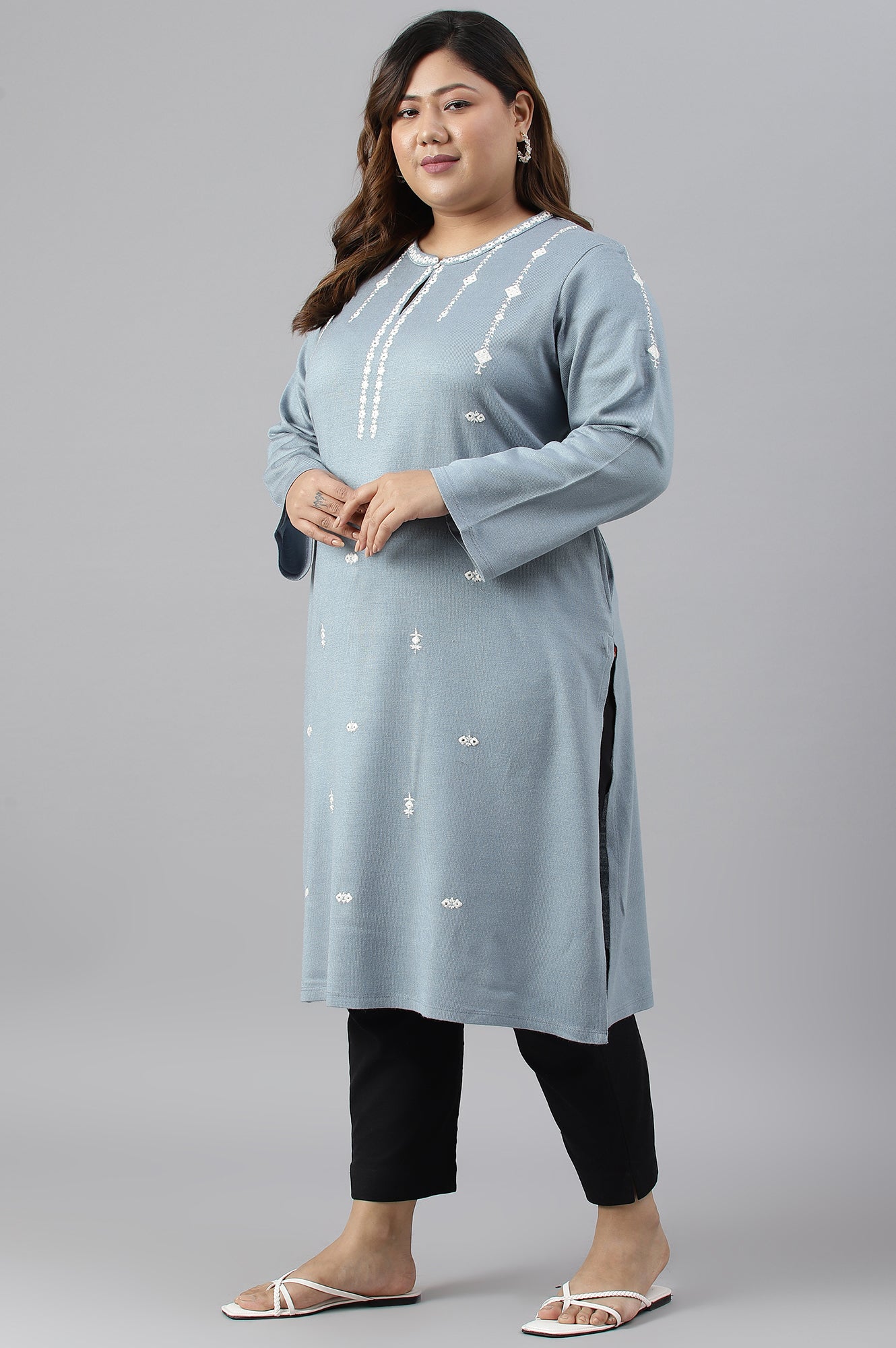 Blue Embroidered Plus Size Winter kurta