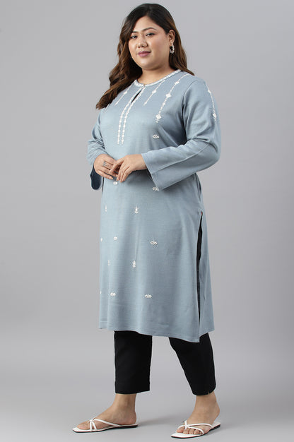 Blue Embroidered Plus Size Winter kurta