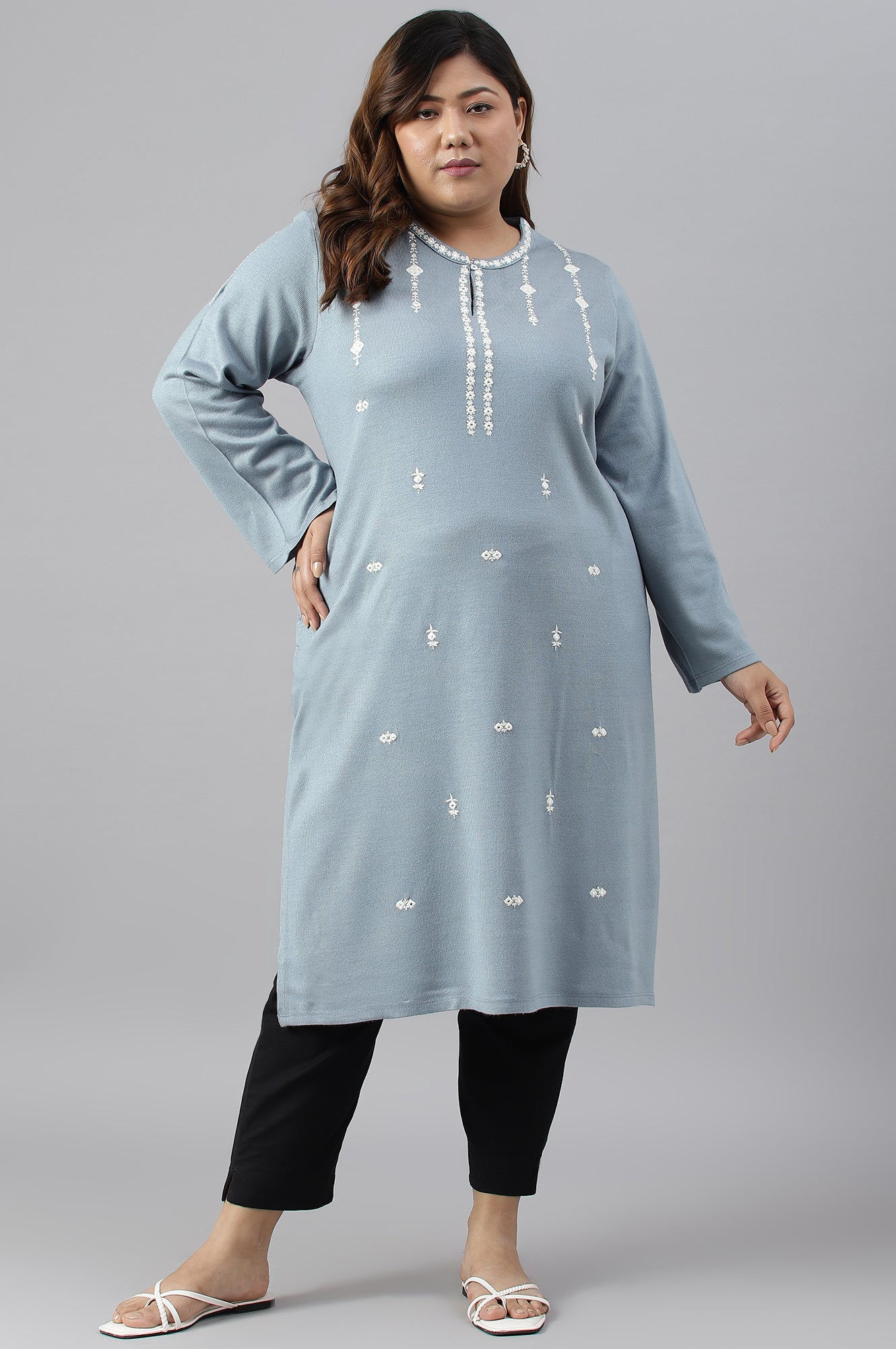 Blue Embroidered Plus Size Winter kurta