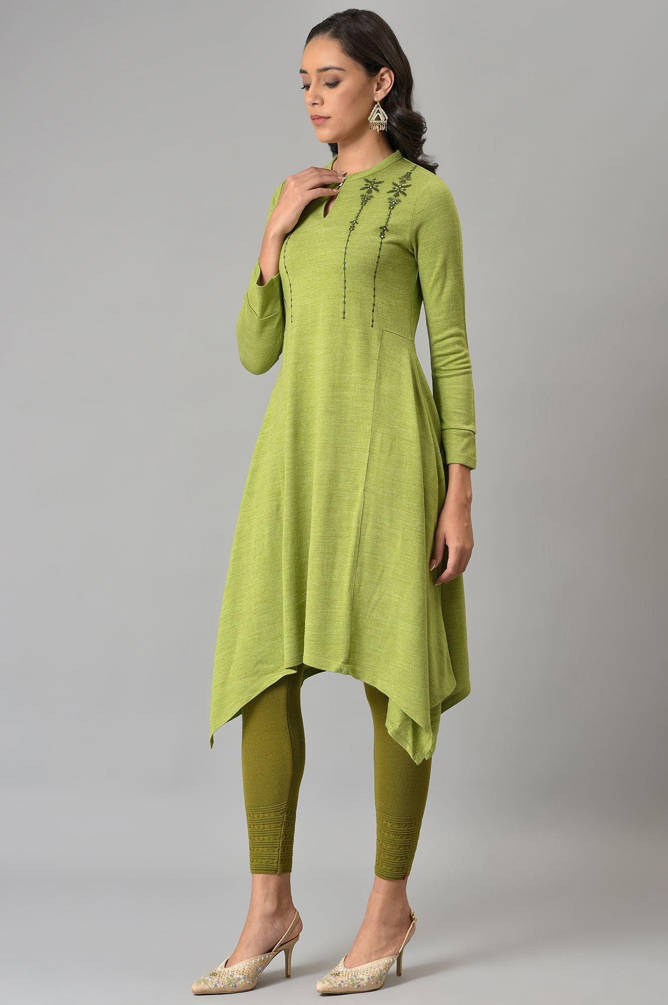 Green A-Line Embroidered Winter kurta - wforwoman