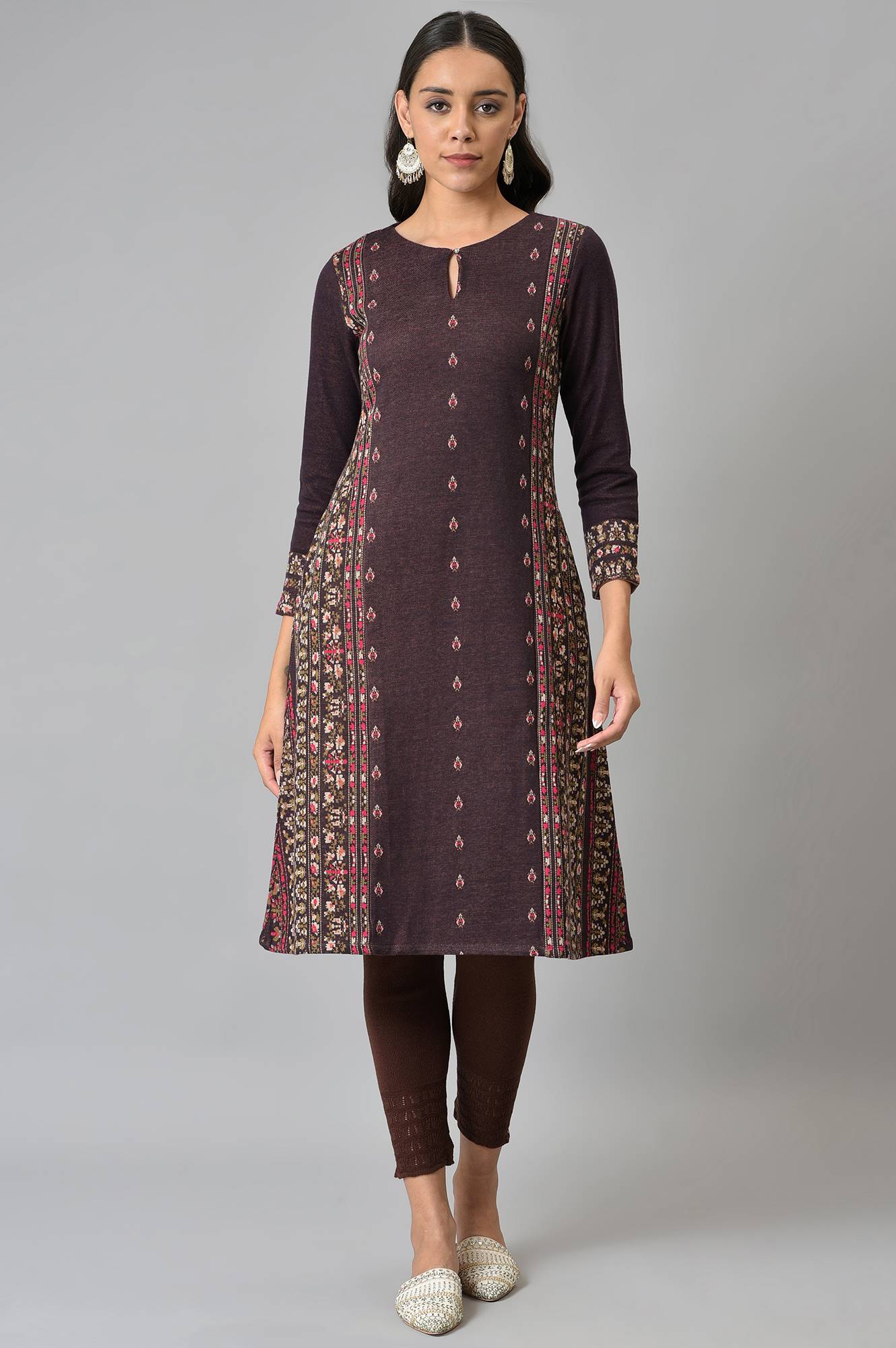 Maroon Jacquard Flared Winter kurta