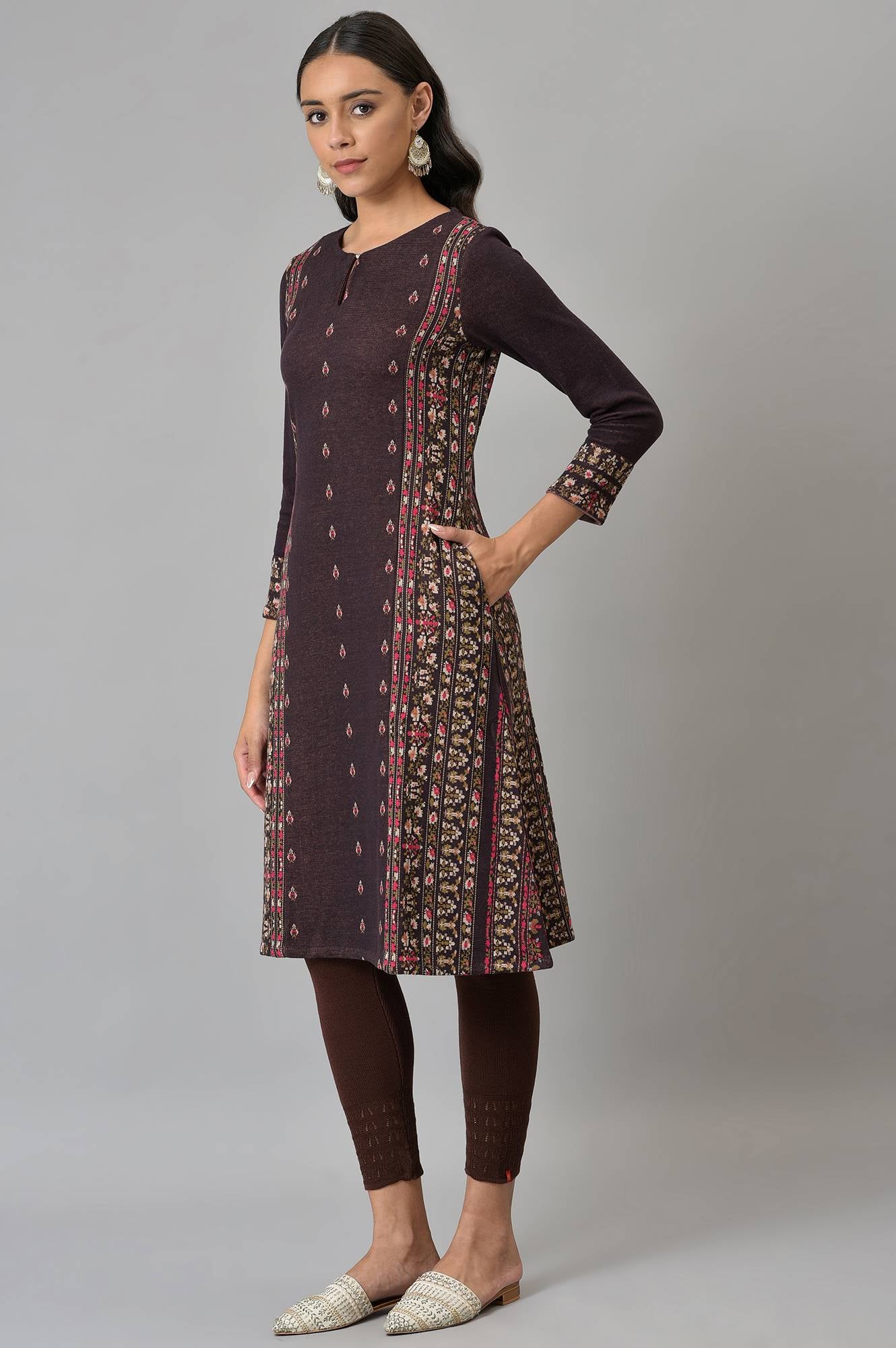 Maroon Jacquard Flared Winter kurta