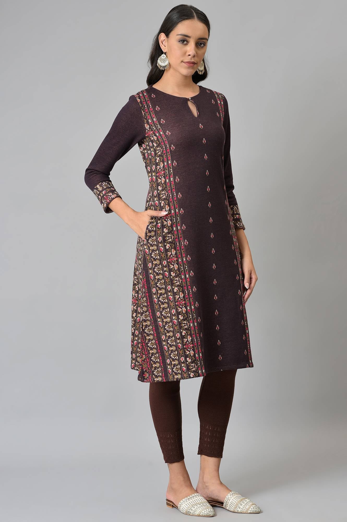 Maroon Jacquard Flared Plus Size Winter kurta