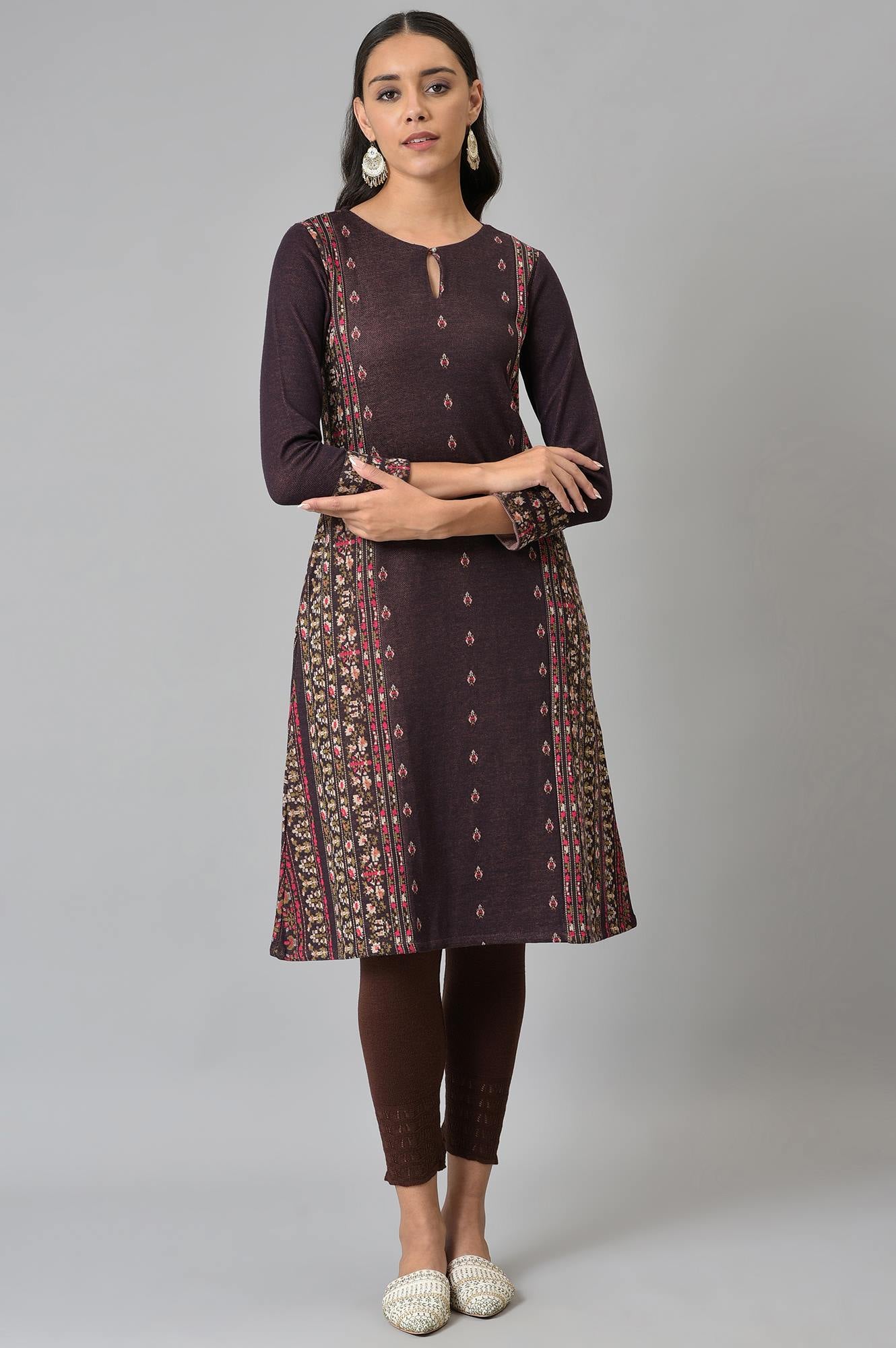 Maroon Jacquard Flared Plus Size Winter kurta