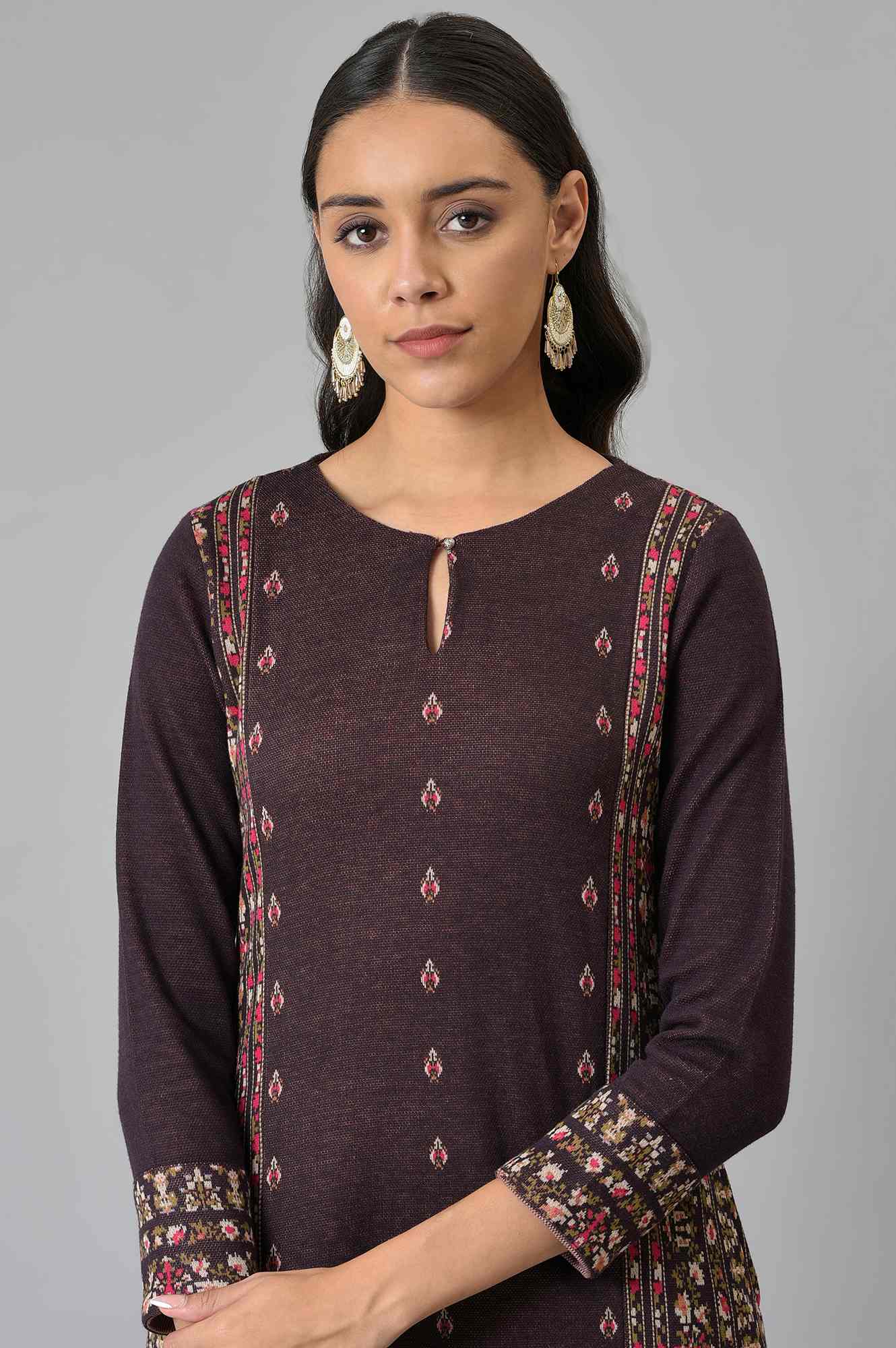 Maroon Jacquard Flared Plus Size Winter kurta