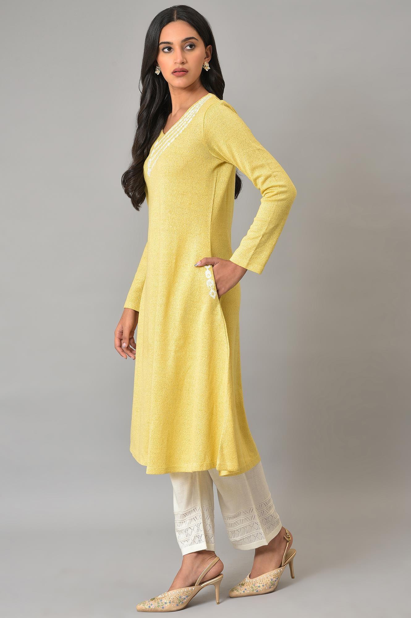 Lemon Yellow Embroidered A-Line Winter kurta - wforwoman