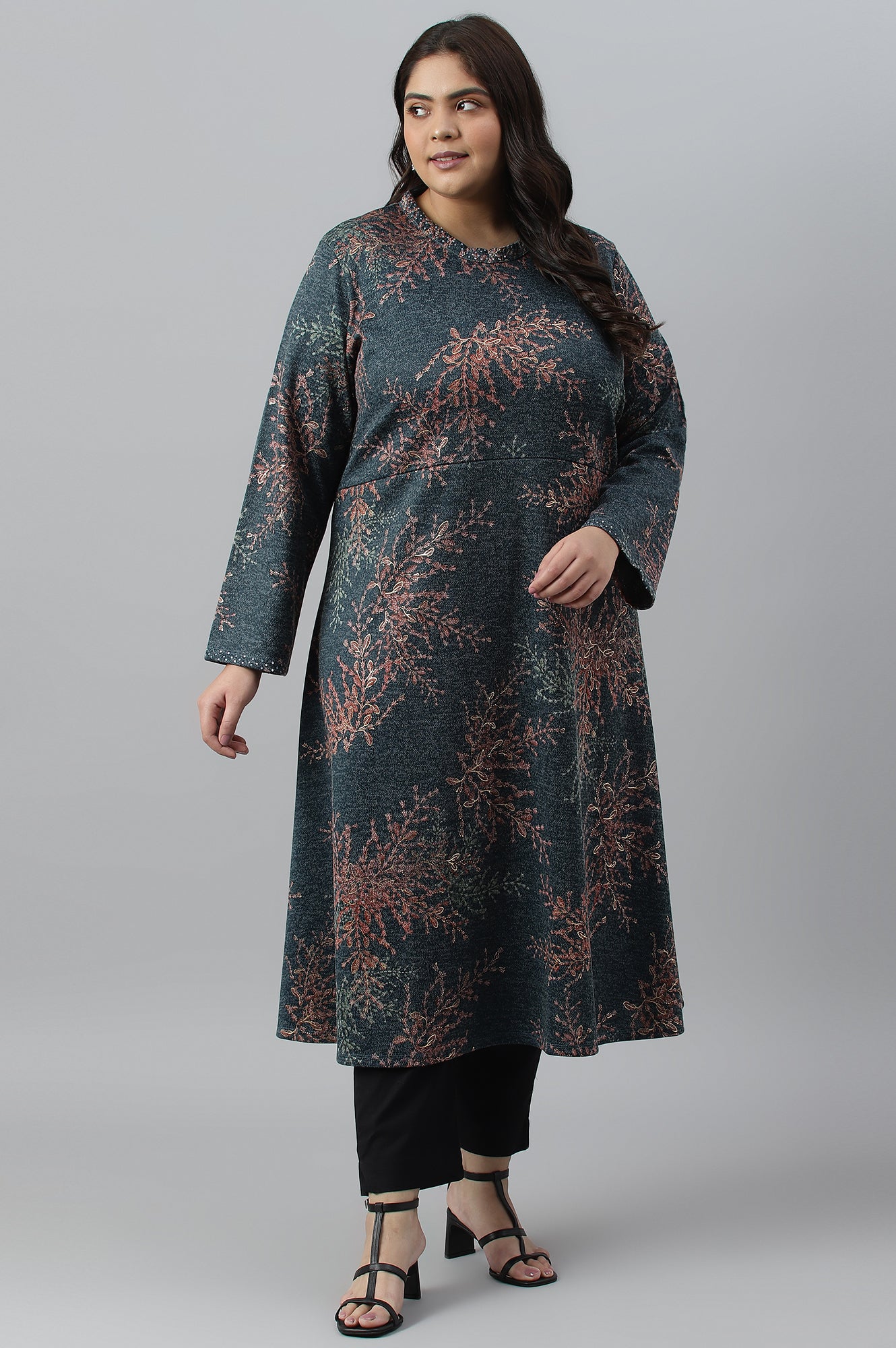 Dark Blue Light Festive Jacquard Plus Size Winter kurta