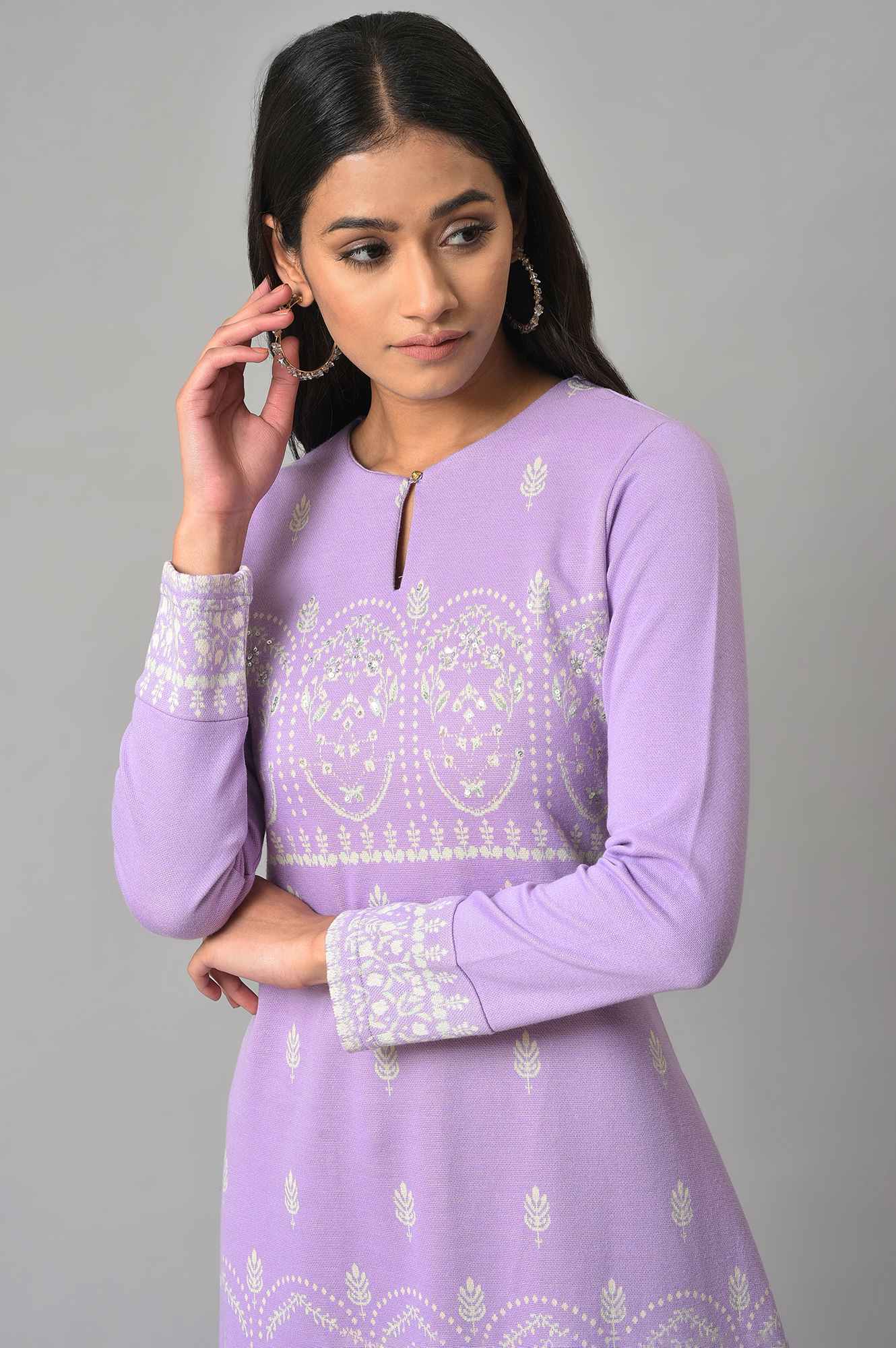 Light Purple Jacquard A-Line Winter kurta