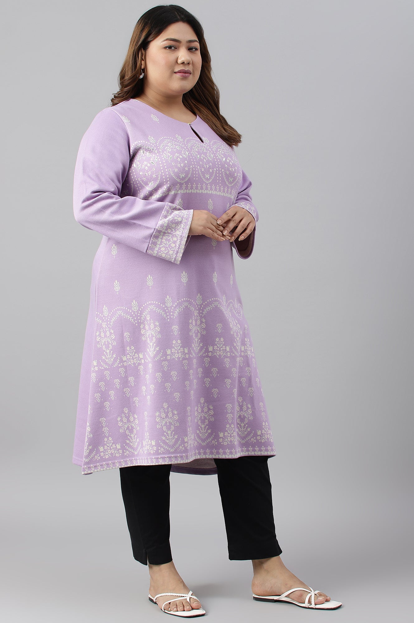 Light Purple Jacquard A-Line Plus Size Winter kurta