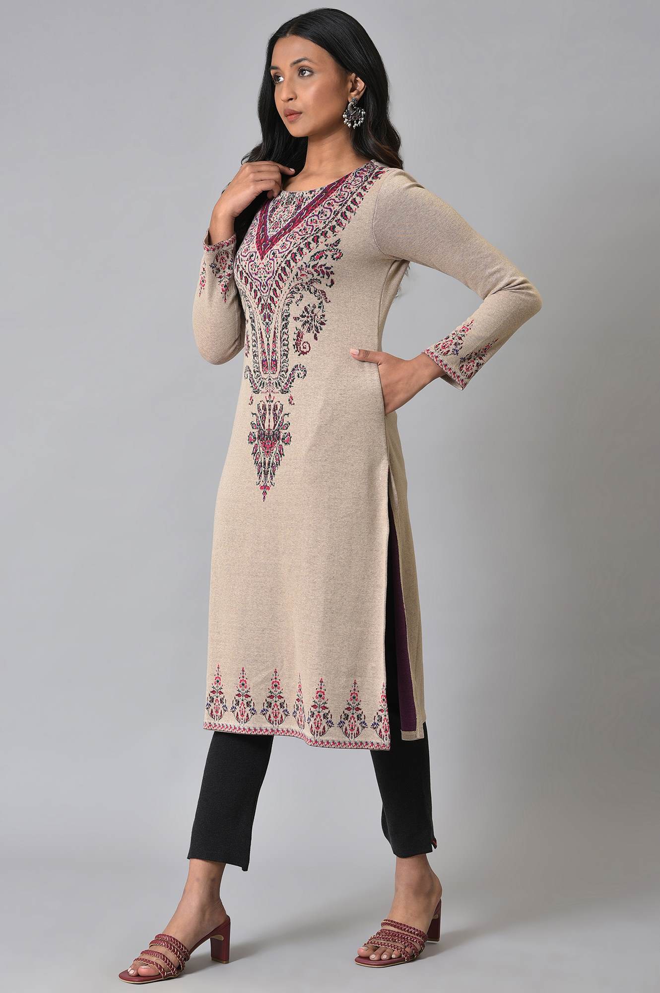 Ecru Placement Printed Jacquard Winter kurta