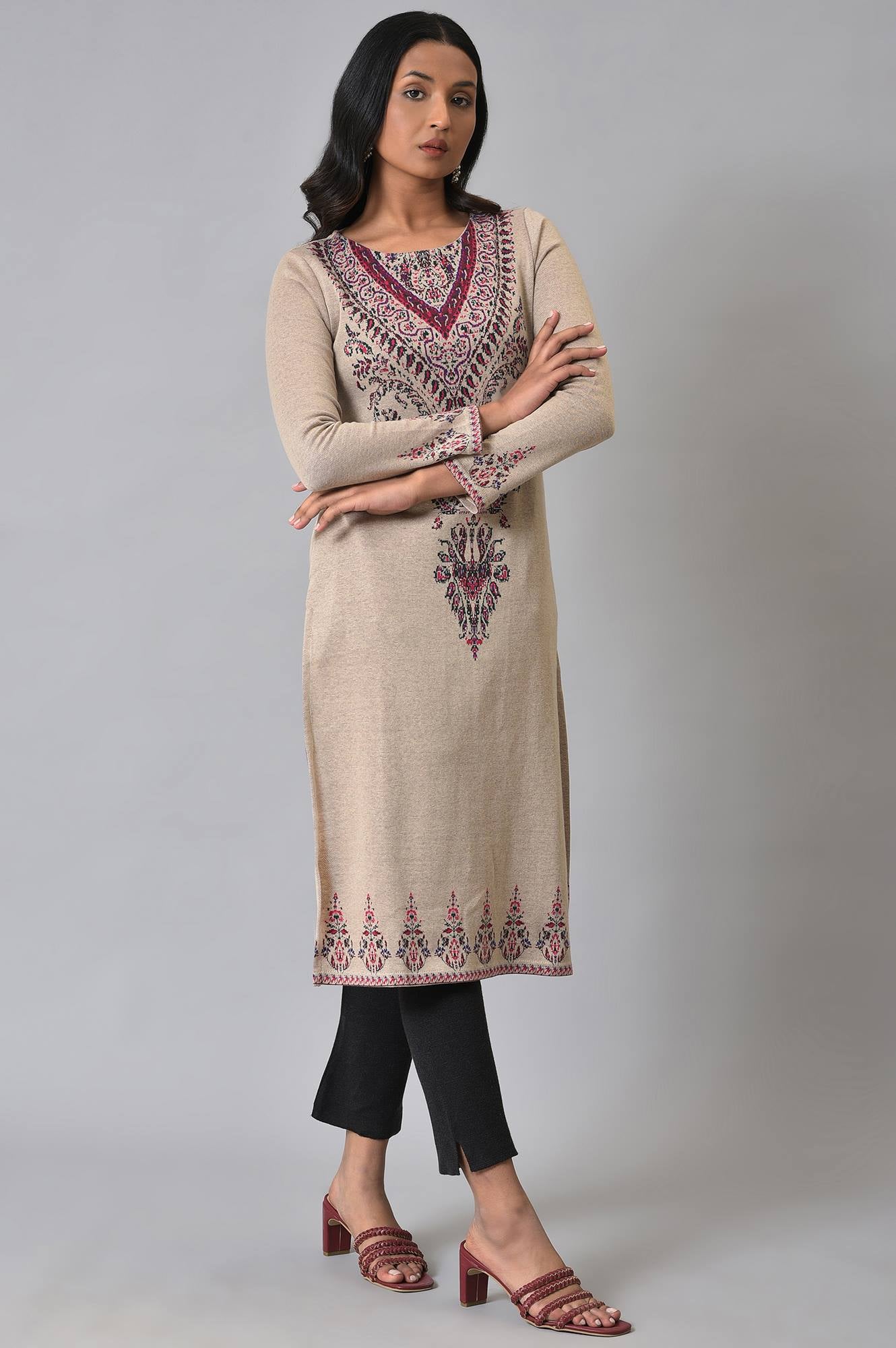 Plus Size Ecru Placement Printed Jacquard Winter kurta