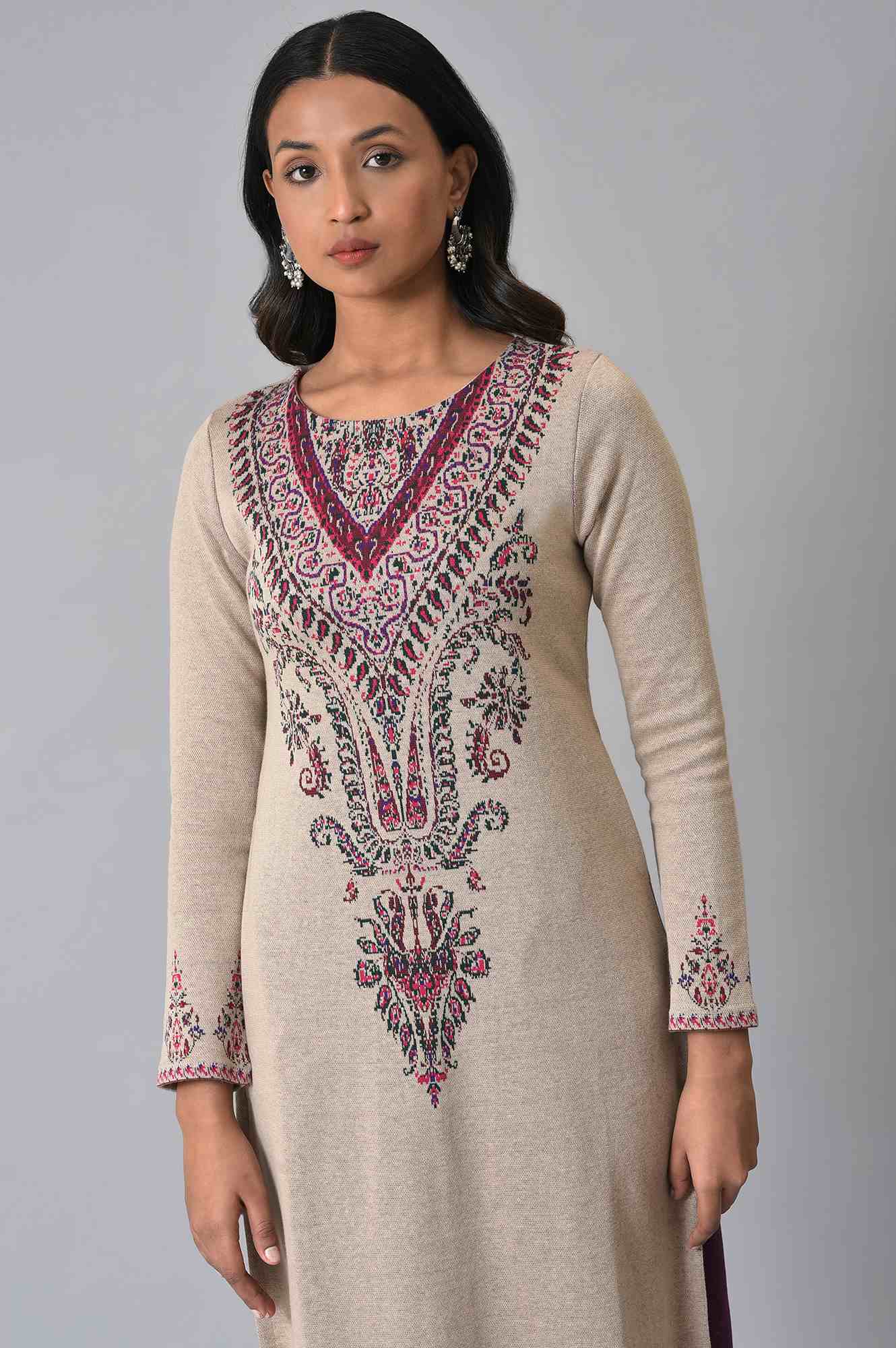 Ecru Placement Printed Jacquard Winter kurta