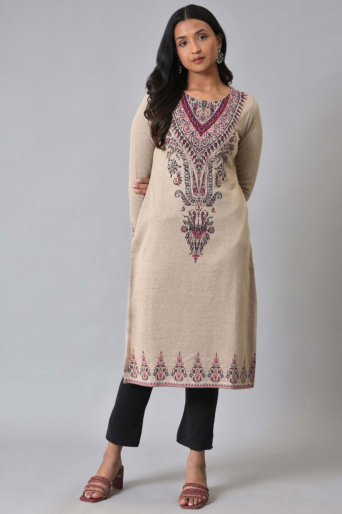 Ecru Placement Printed Jacquard Winter kurta