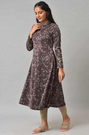 Dark Purple Flared Embellished Dress - wforwoman
