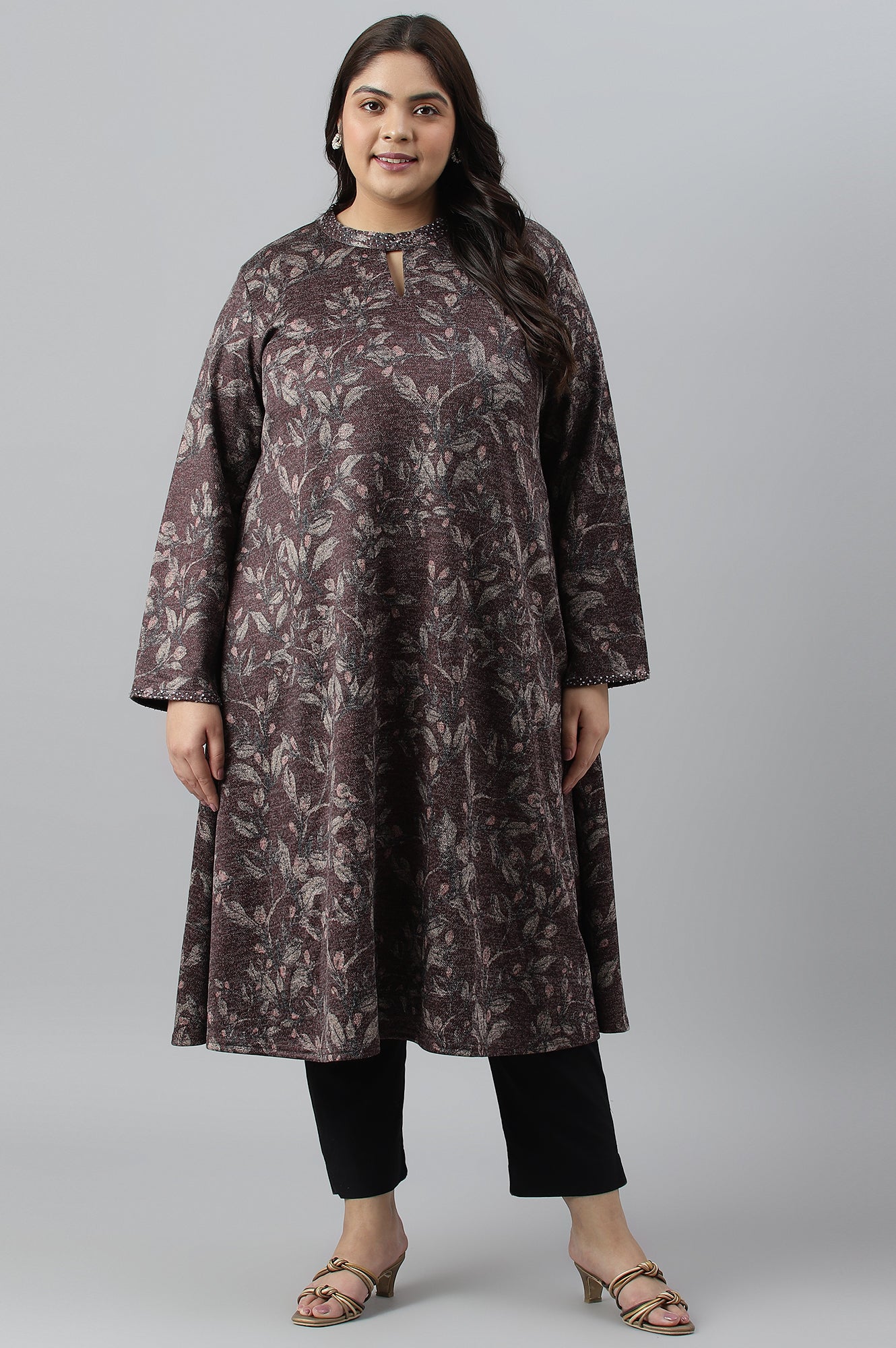 Plus Size Dark Purple Flared Embellished Winter kurta