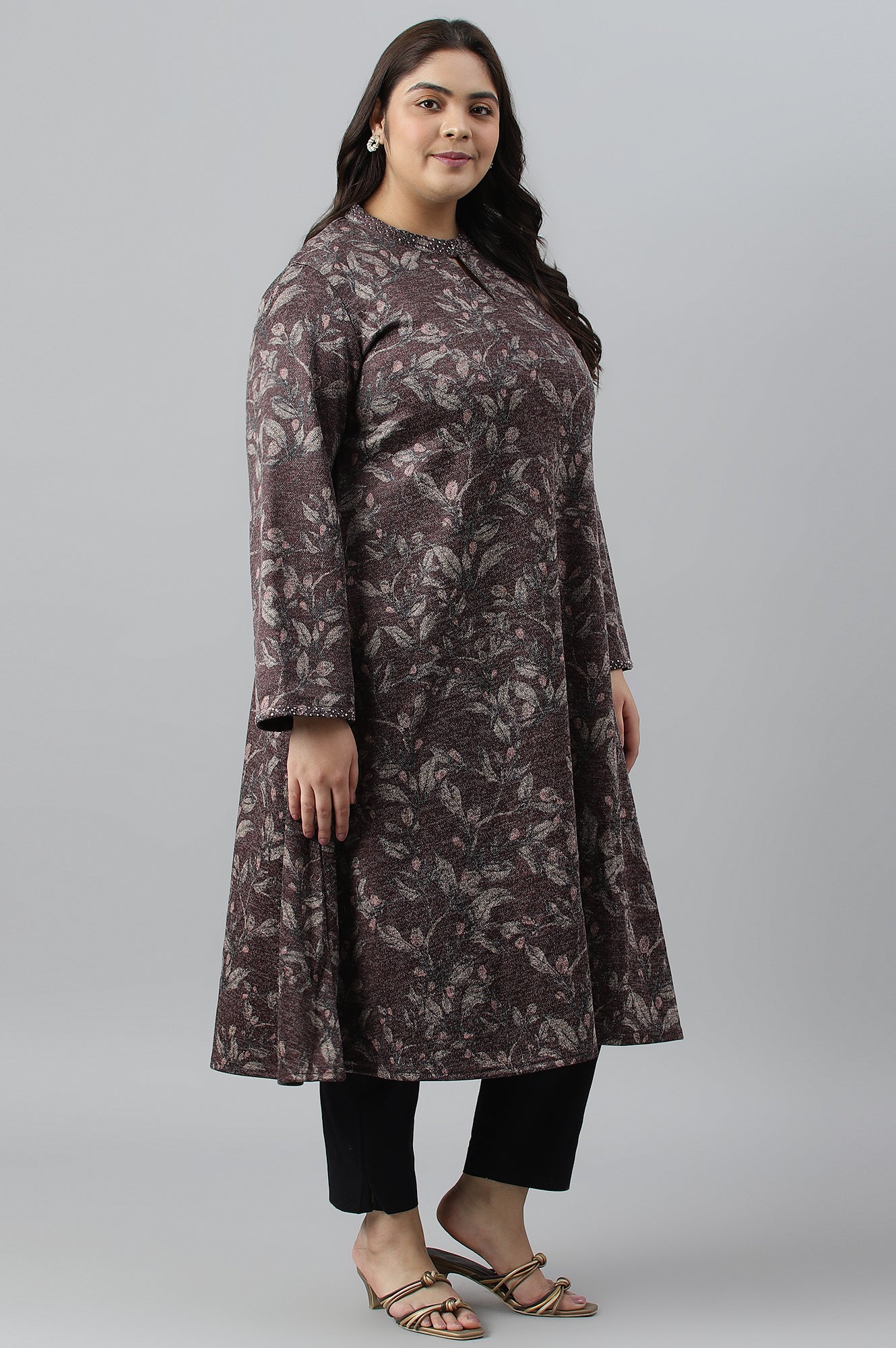 Plus Size Dark Purple Flared Embellished Winter kurta