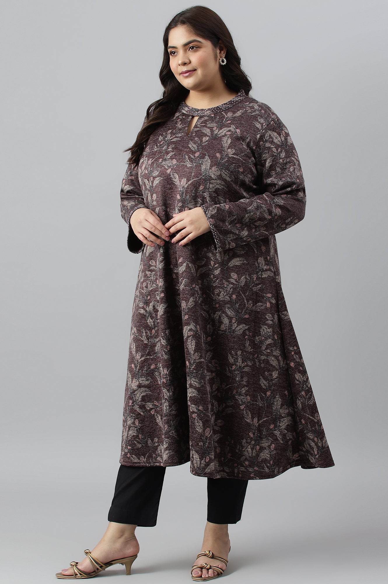 Plus Size Dark Purple Flared Embellished Winter kurta